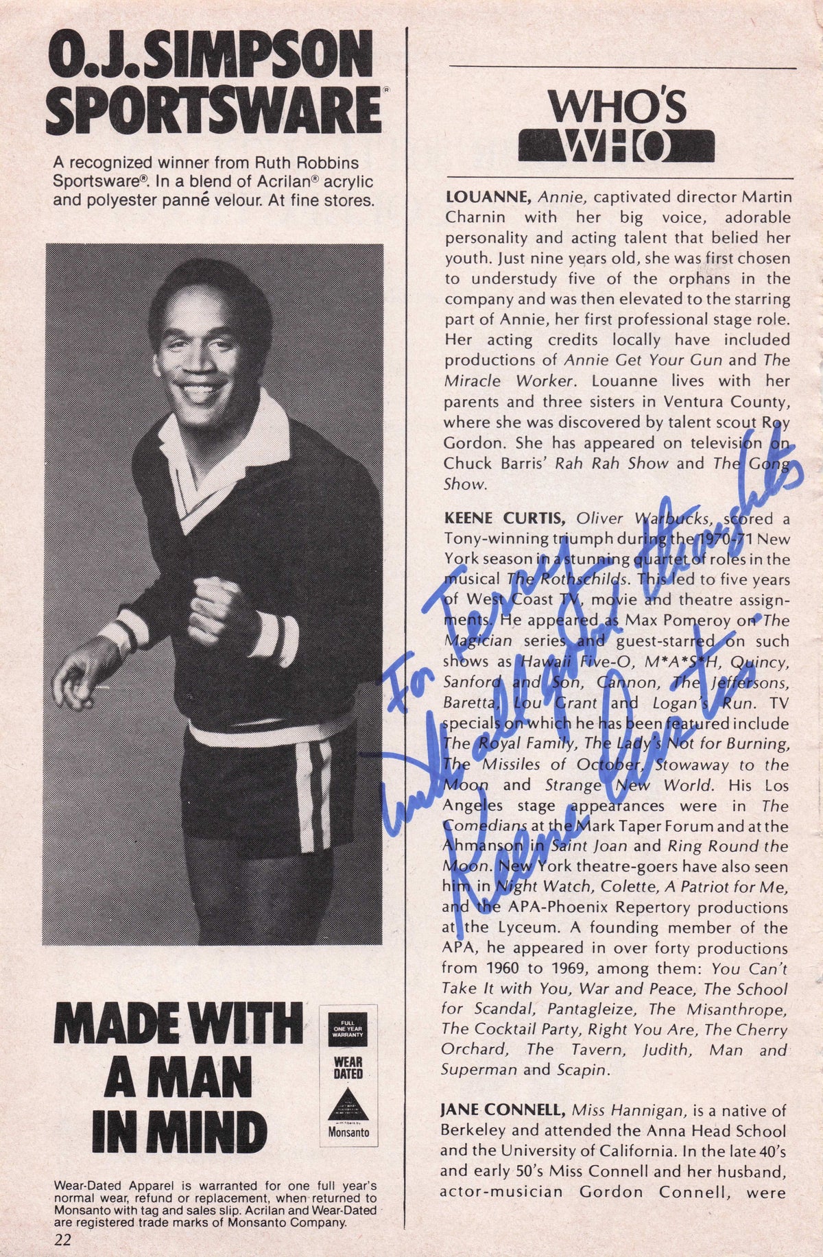 Keene Curtis Cheers MASH TV Show Vintage Hand Signed Theatre Handbill Page
