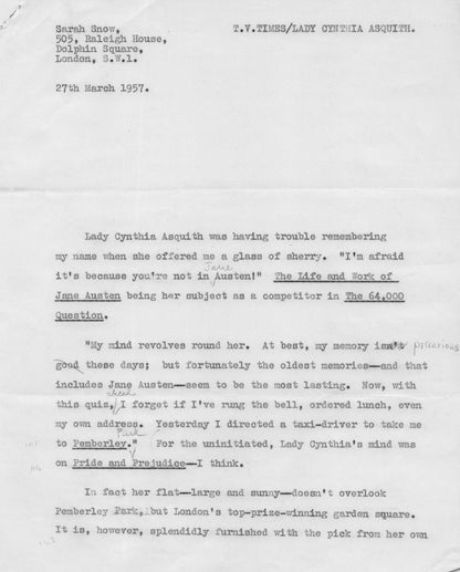 Lady Cynthia Asquith Interview & 4 Page Hand Written & Signed Headed Paper Letter
