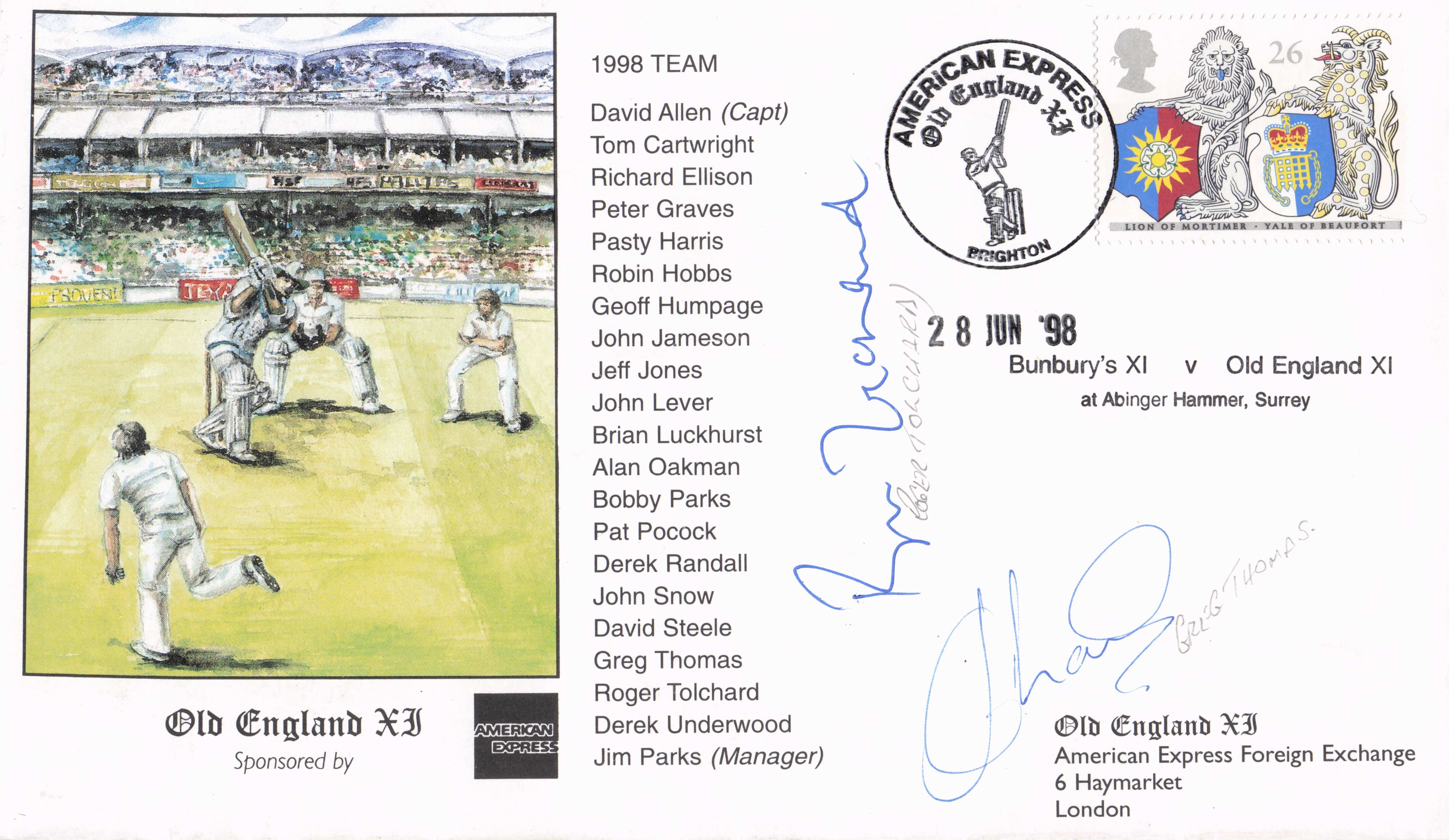 Roger Tolchard of Leicester Greg Thomas Old England Cricket XI Hand Signed FDC