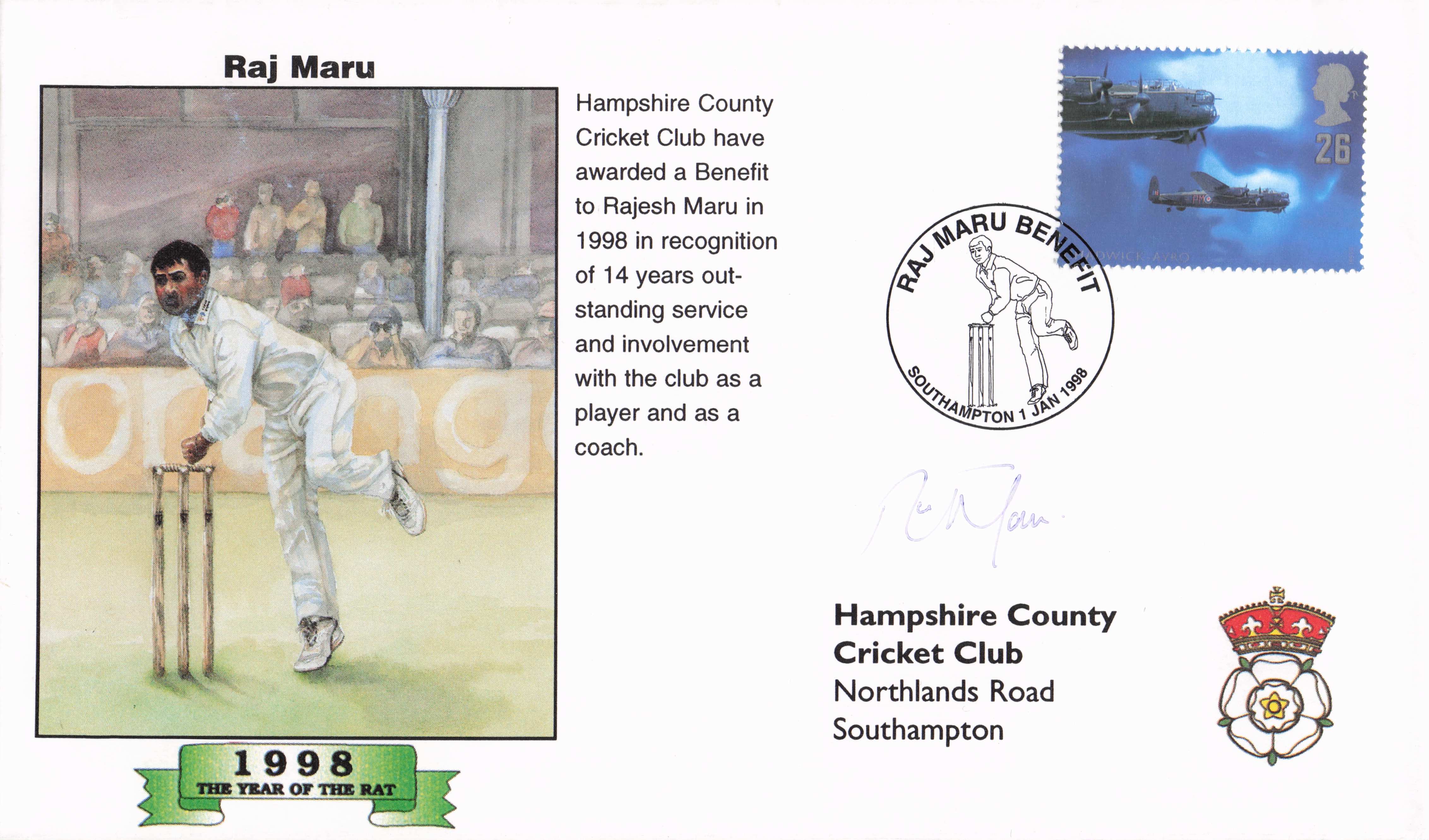 Raj Maru Hampshire Cricket Club 1998 Hand Signed First Day Cover FDC