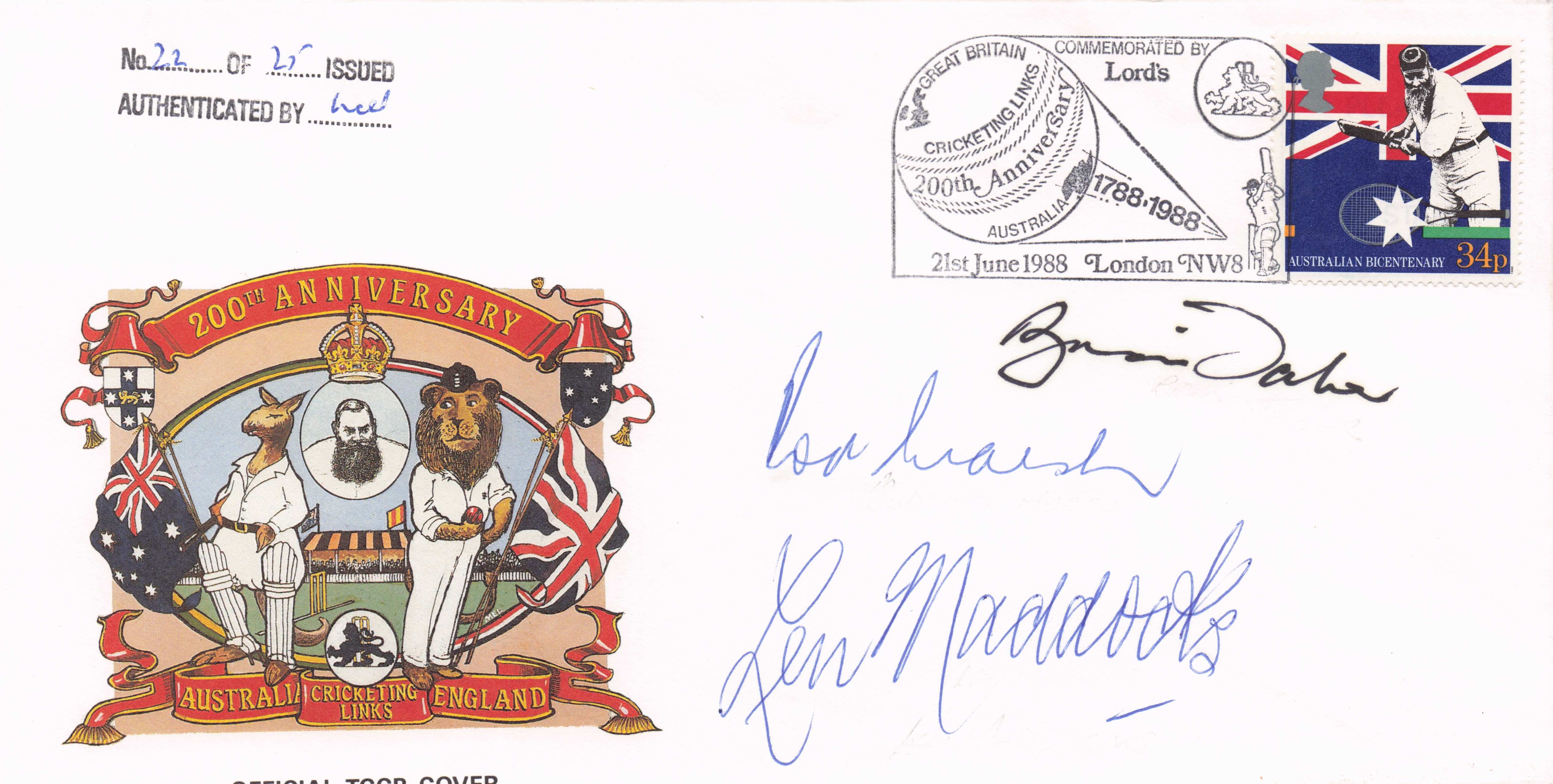 Rod Marsh Len Maddocks Australia England LTD TO 25 Cricket 3x Hand Signed FDC