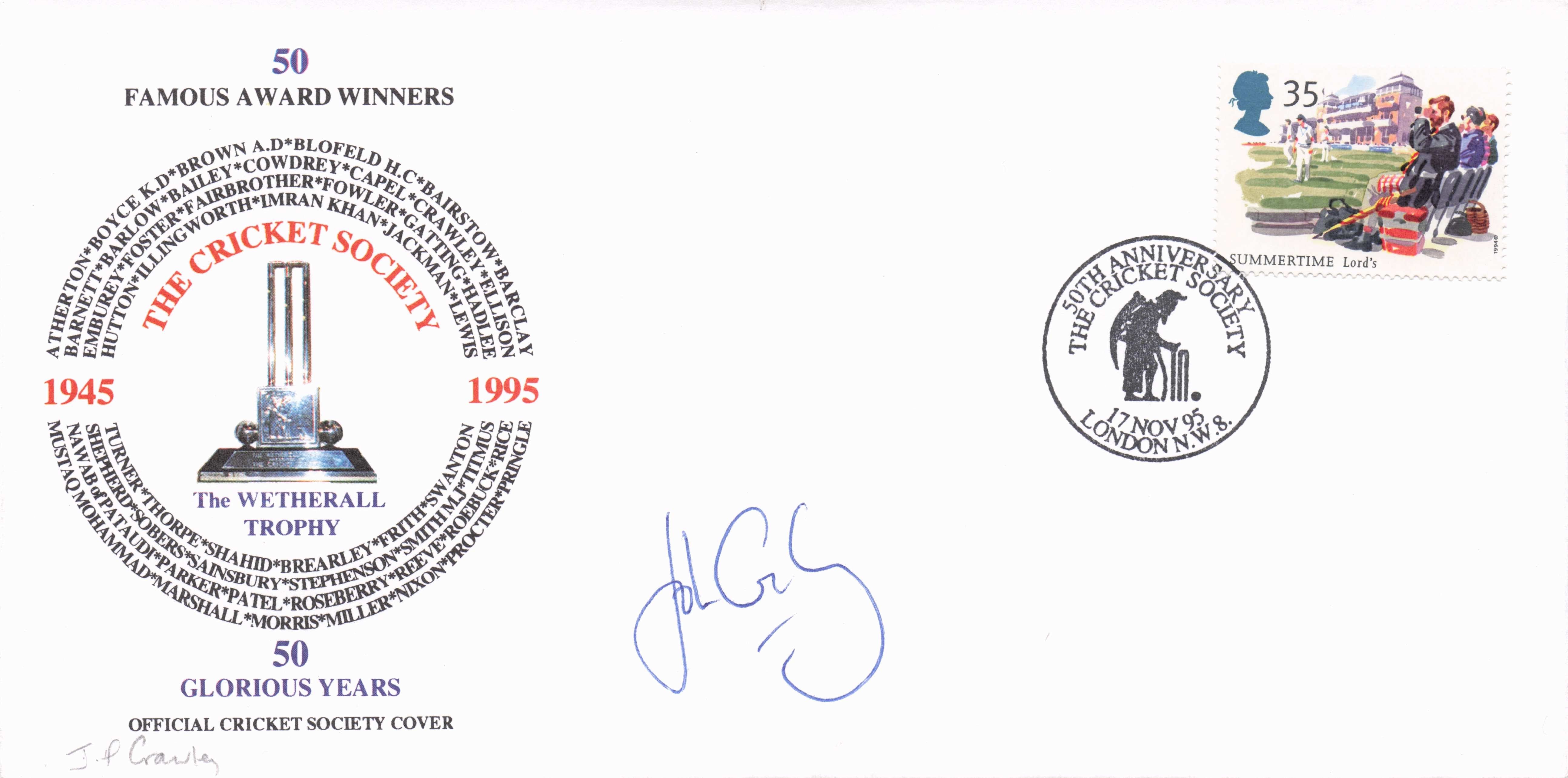 John Crawley Lancashire Hampshire Hand Signed 50 Cricket Winners 1995 FDC