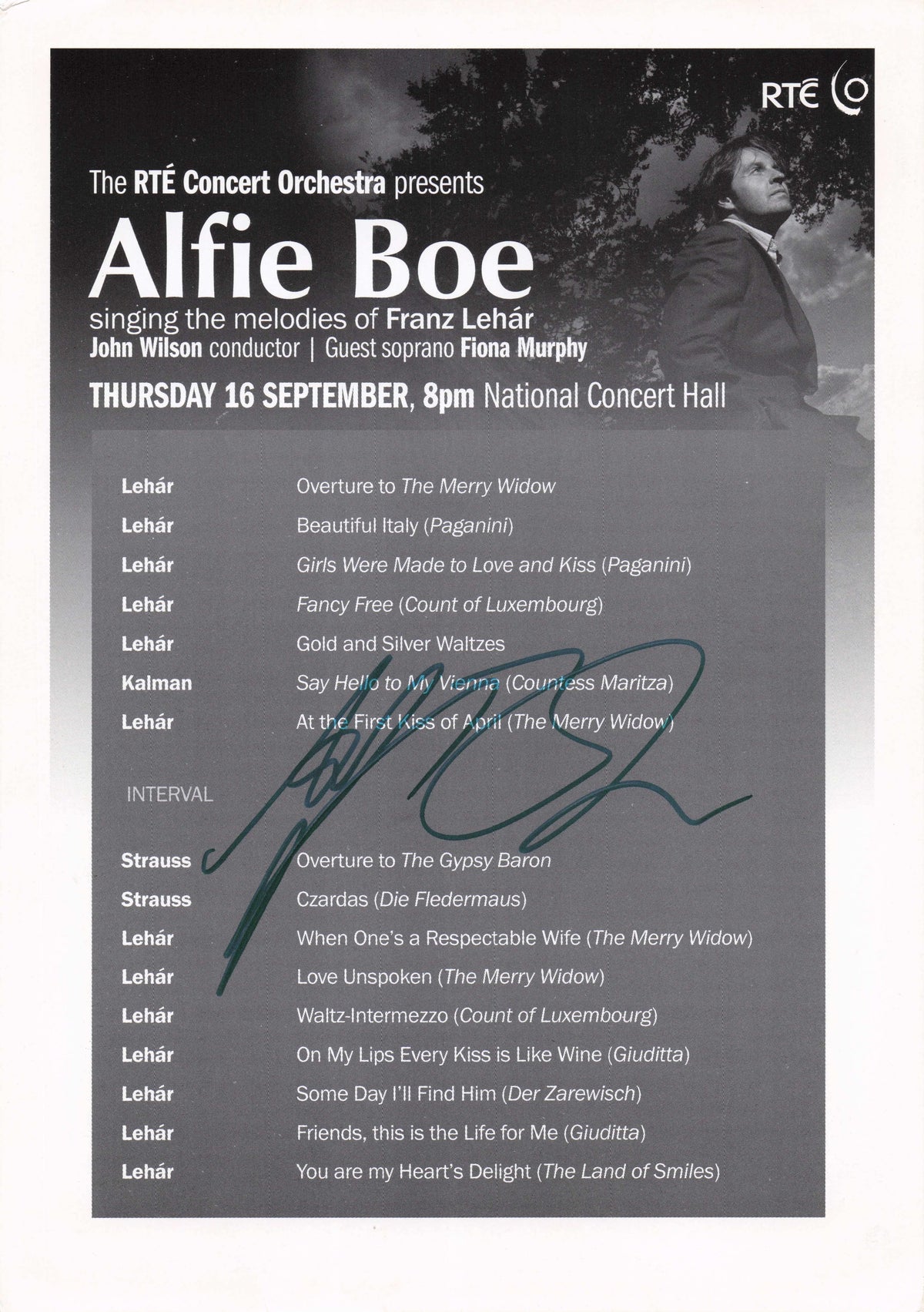 Alfie Boe Singer Tenor Rare RTE Irish Concert Hall Hand Signed Theatre Flyer