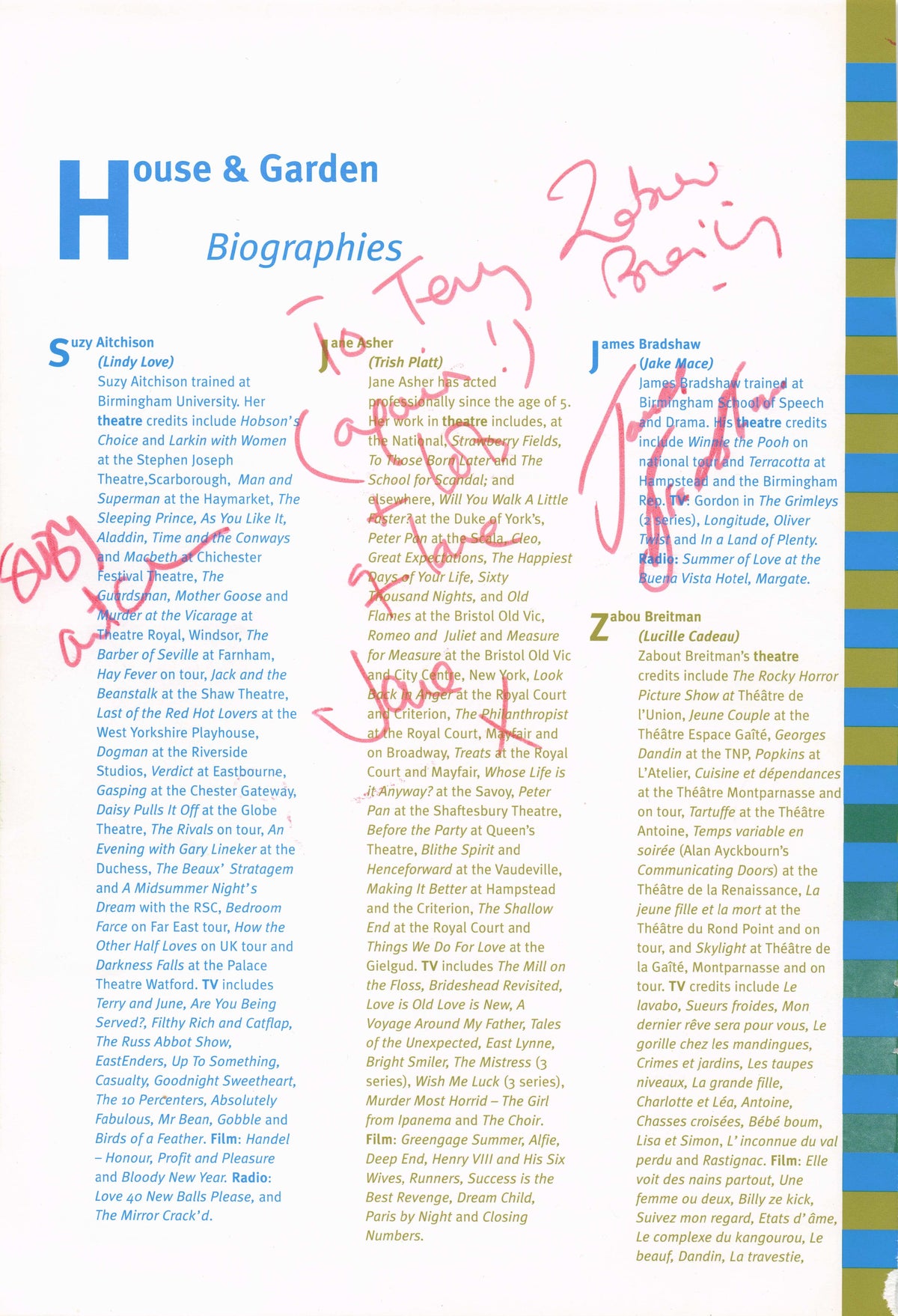 Suzy Aitchison James Bradshaw Jane Asher TRIPLE Hand Signed Theatre Page
