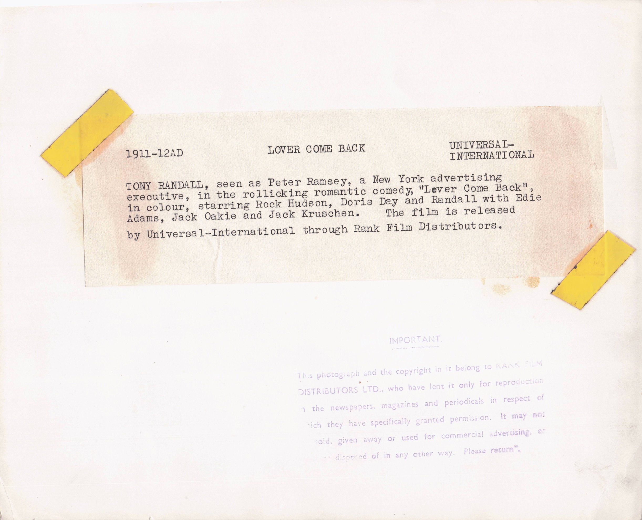 Tony Randall Lover Come Back Film 1961 Original 9x7 Rank Press Release Still Photo