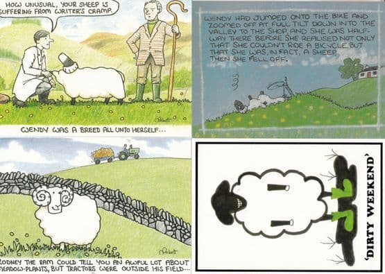 4 Sheep Comic Humour Postcard s Bundle incl Farming Bike Crash Disaster