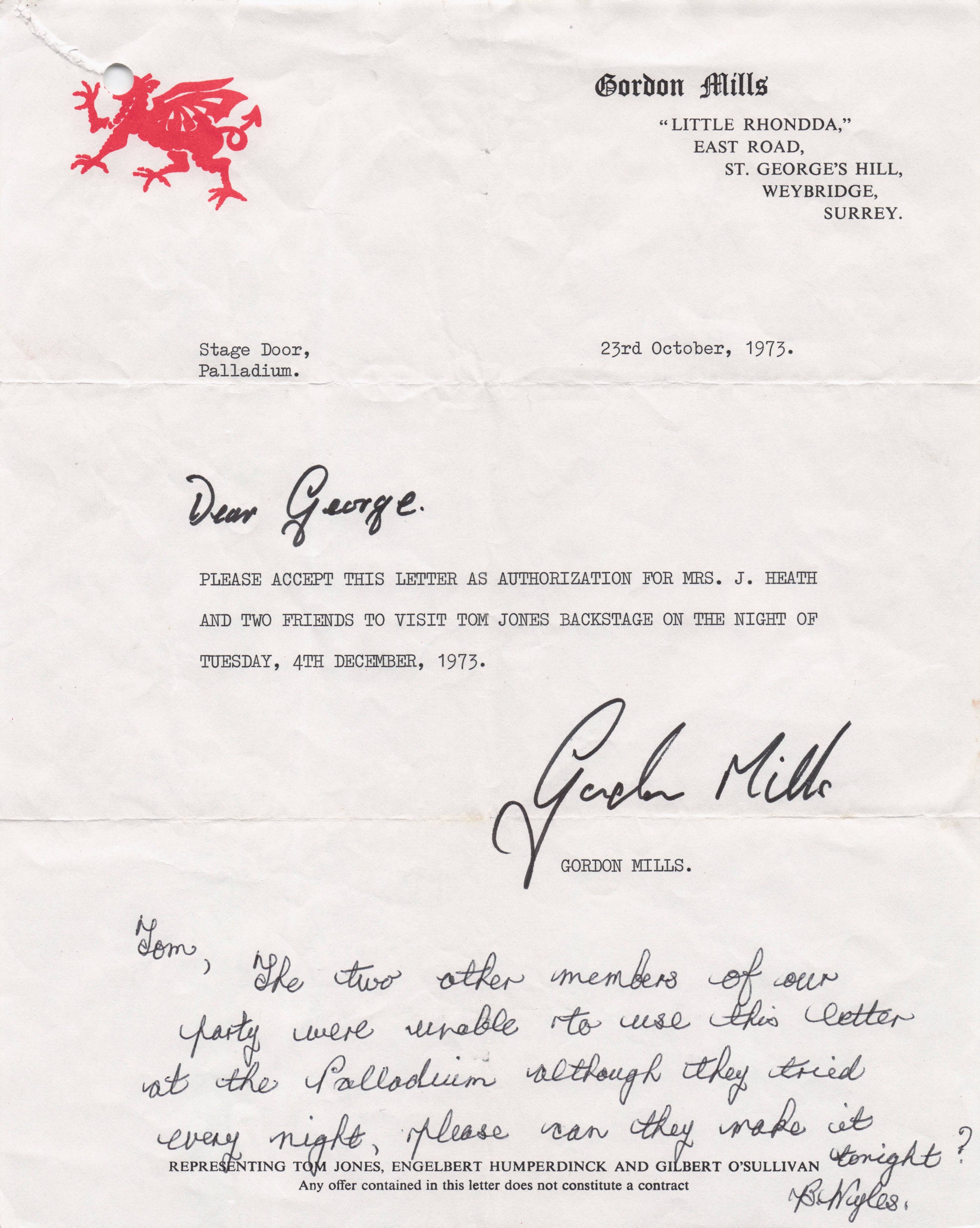 Tom Jones 1973 Live Back Stage Pass 1973 Manager Hand Signed Letter