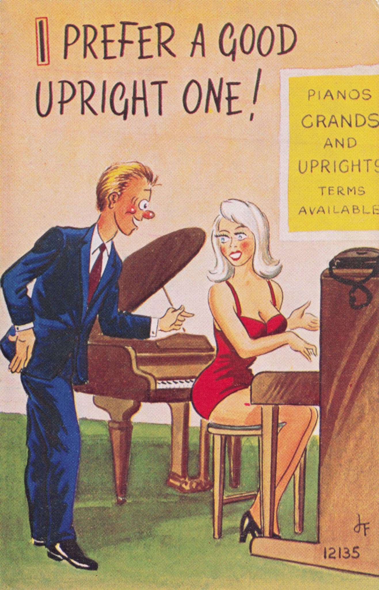 Lady Likes Upright Piano Tutor Advertising Sign 1970s Comic Postcard