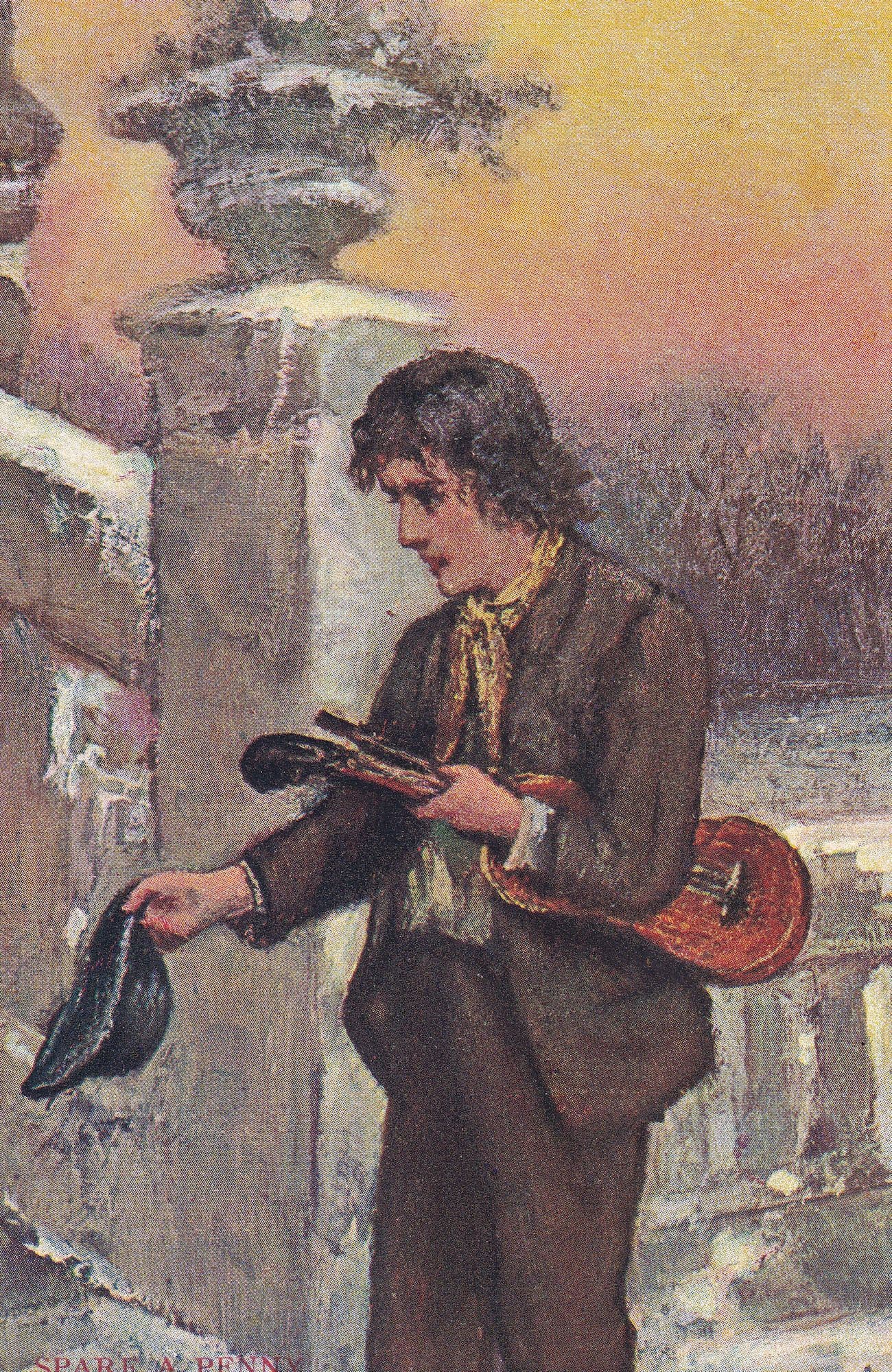 London Violinist Violin Busker Begging Antique Painting Postcard