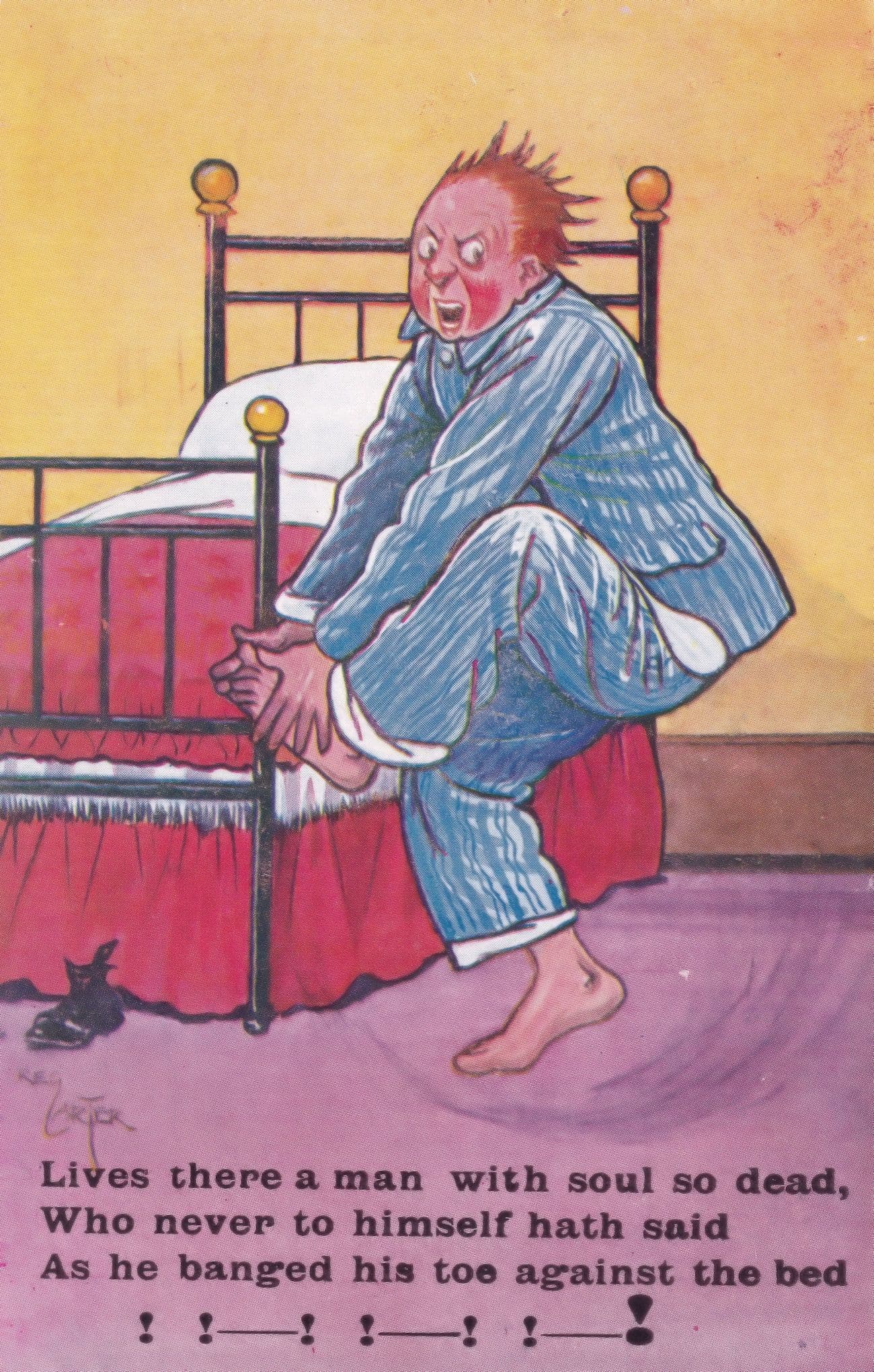 Man Bangs Toe Against His Bed Old Comic WW1 Dead Soul Postcard