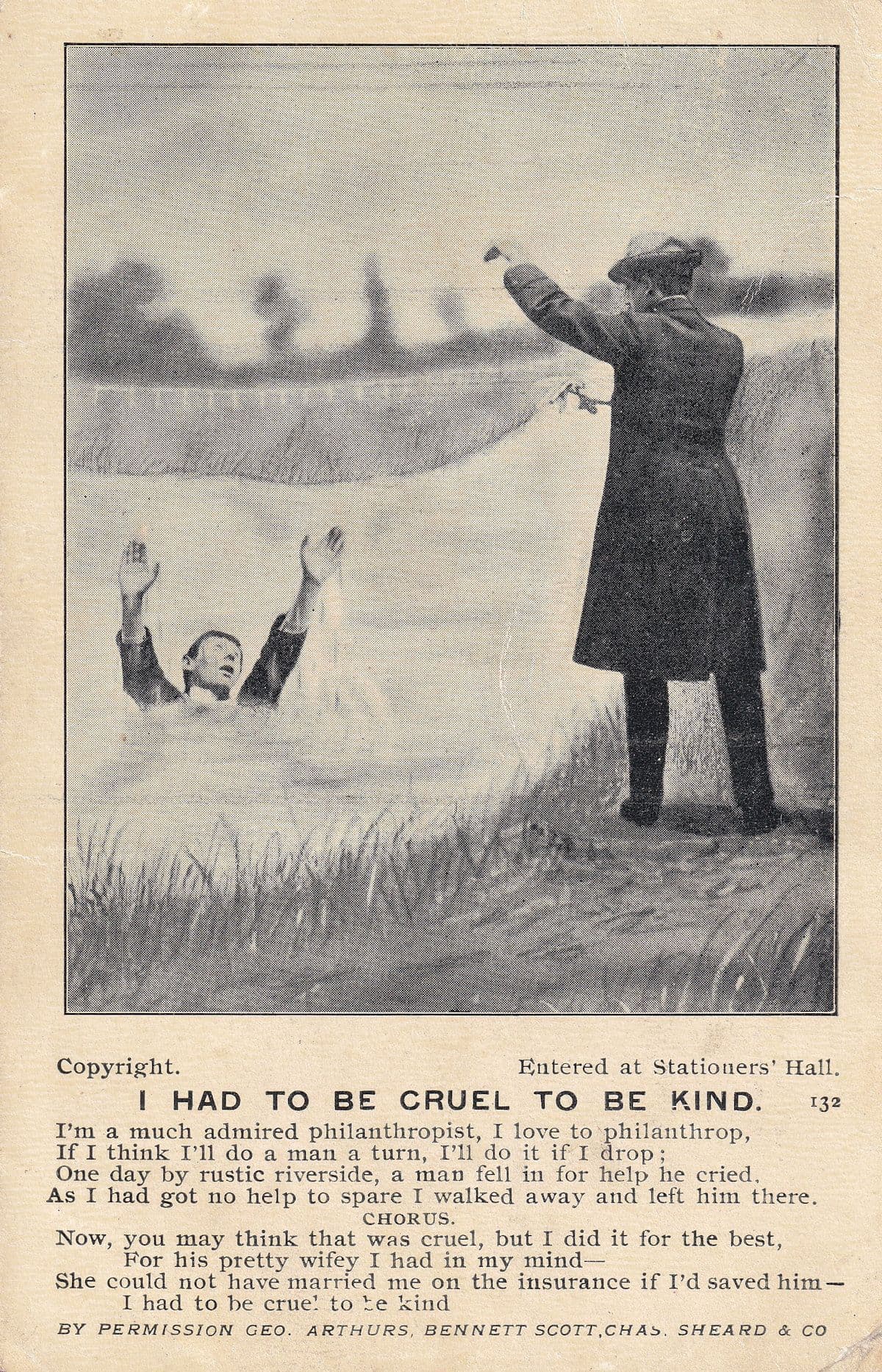 Man Drowning Girl Laughing Old Comic Songcard Postcard