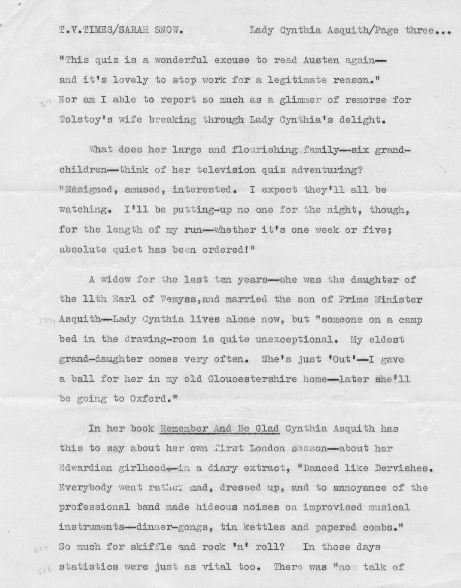 Lady Cynthia Asquith Interview & 4 Page Hand Written & Signed Headed Paper Letter