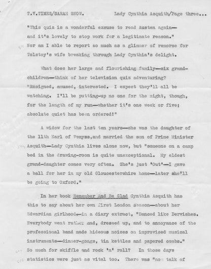 Lady Cynthia Asquith Interview & 4 Page Hand Written & Signed Headed Paper Letter