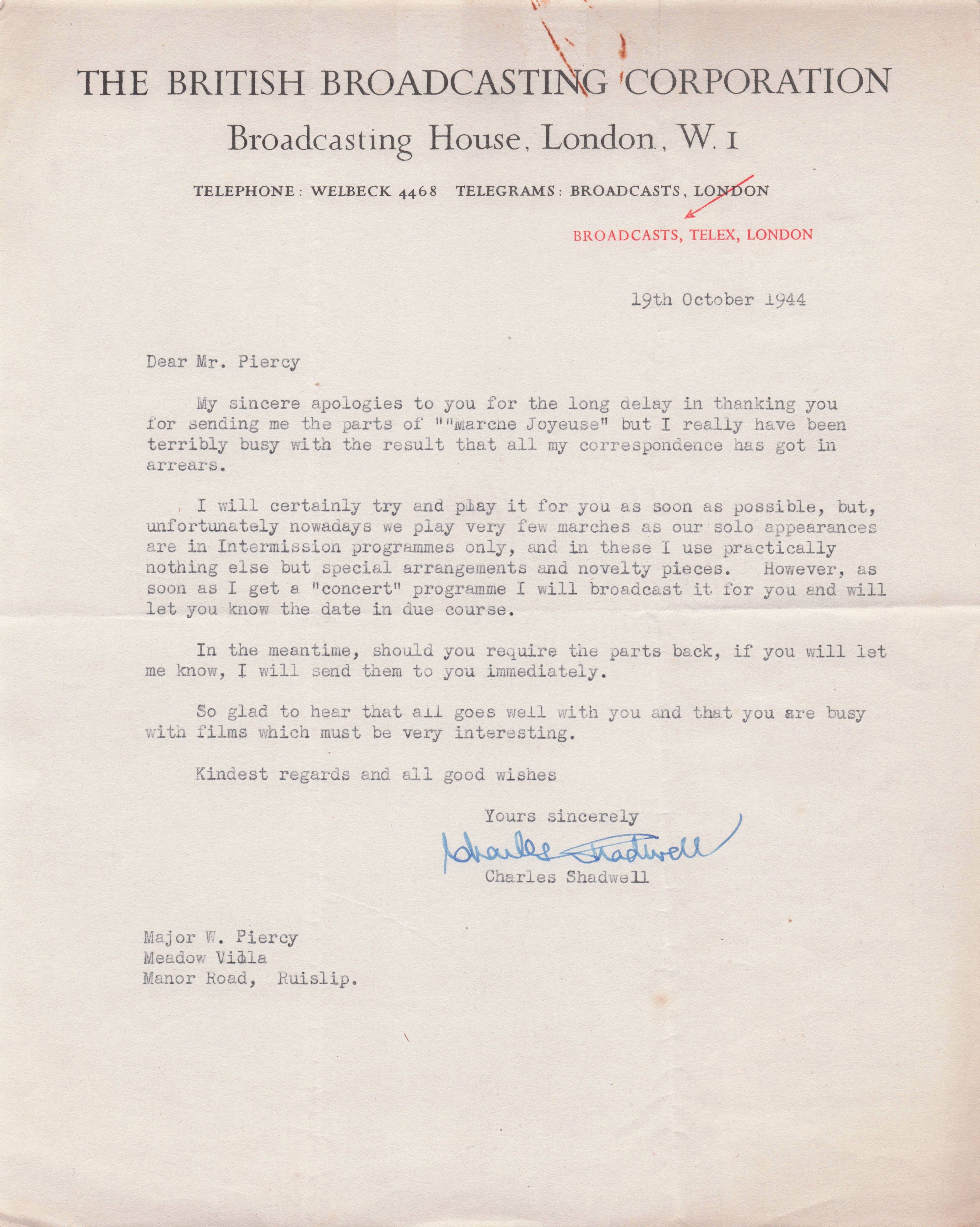 Charles Shadwell BBC WW2 Classical Music Orchestra Hand Signed Letter