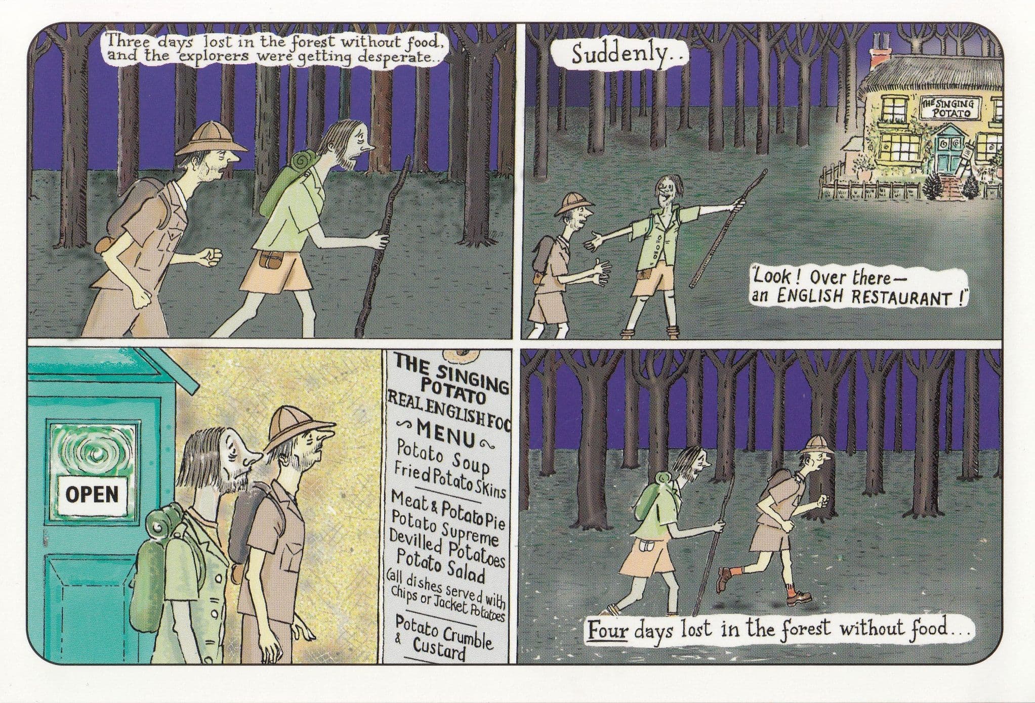 Old Boy Scout Camper Lost Camping Finds English Restaurant Comic Postcard