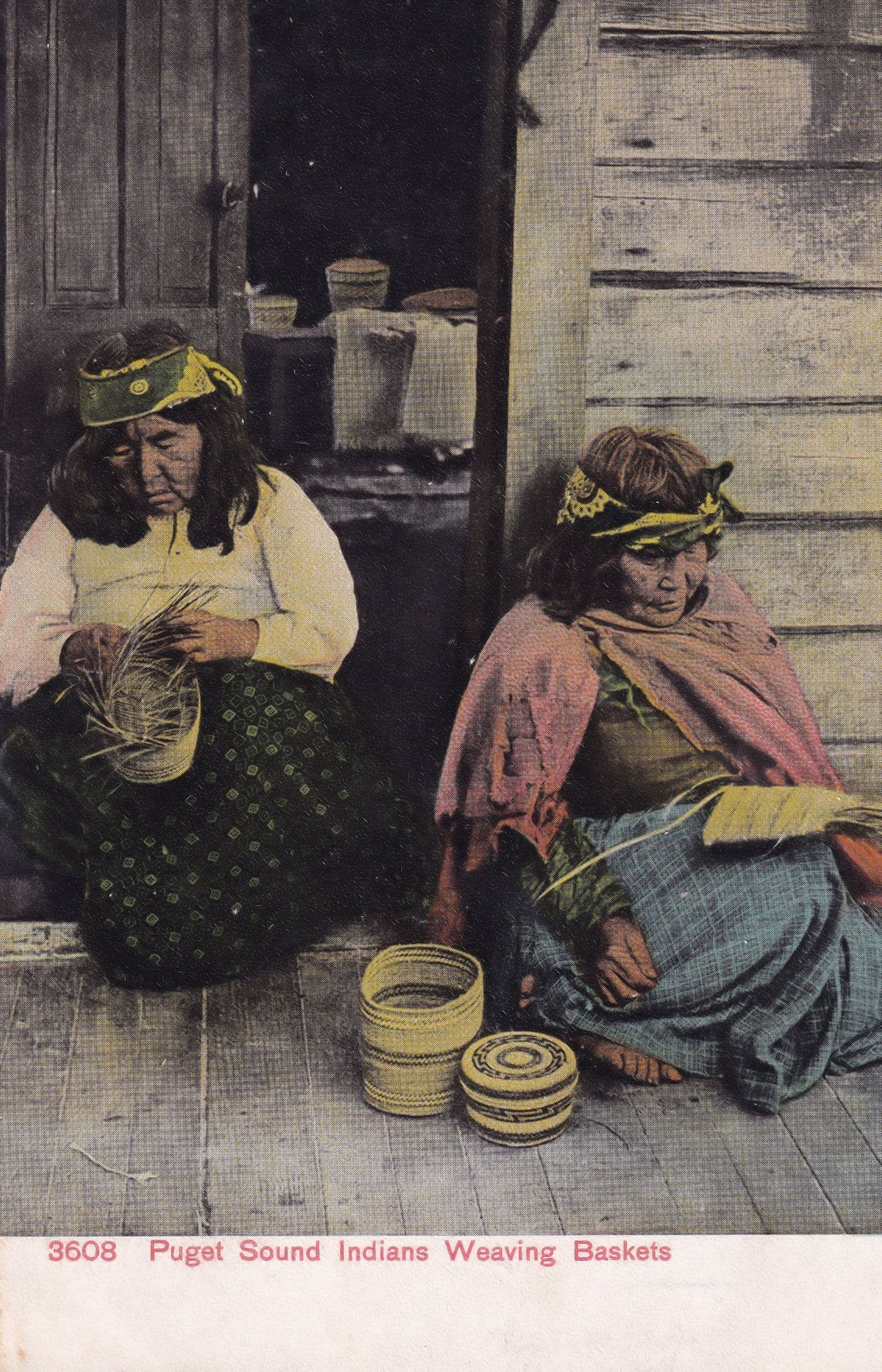 Puget Sound Indians Weaving Baskets Old Postcard