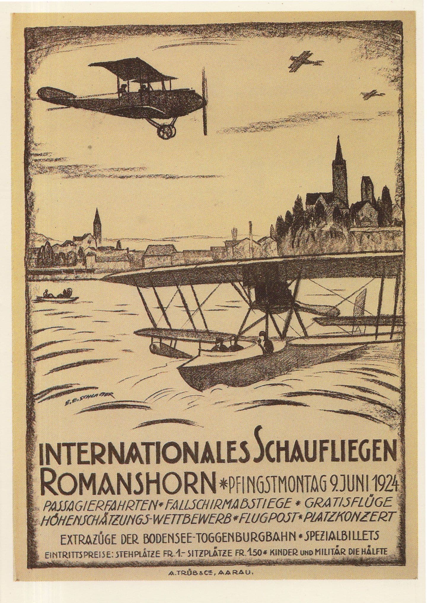 Romanshorn Plane Aircraft Switzerland Old Poster Postcard