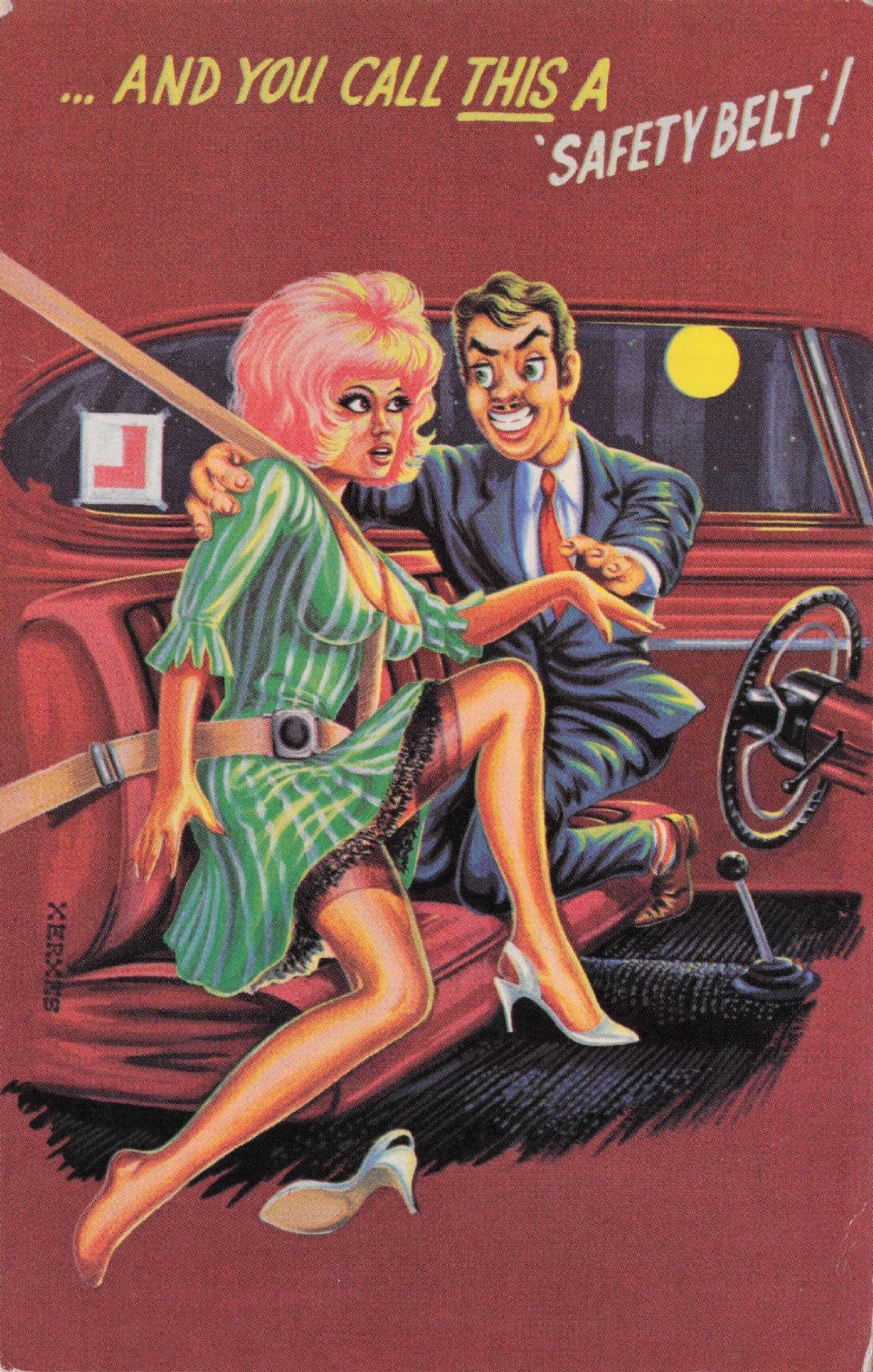 Evil Driving Instructor With Sexy Lady Learner Driver 1950s Comic Postcard