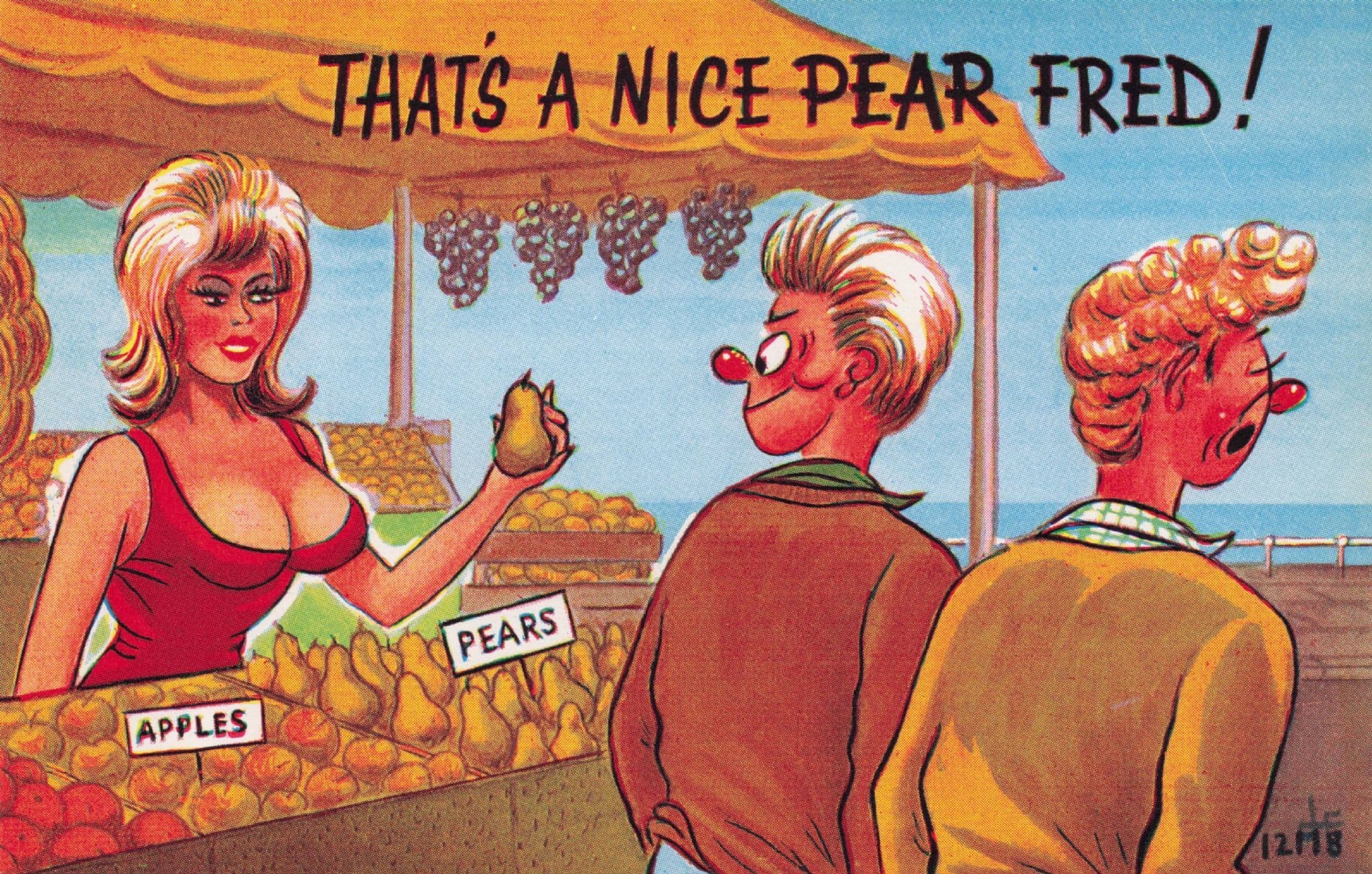 Sexy Beach Fruit Trader Lady Apples & Her Pairs 1970s Comic Postcard