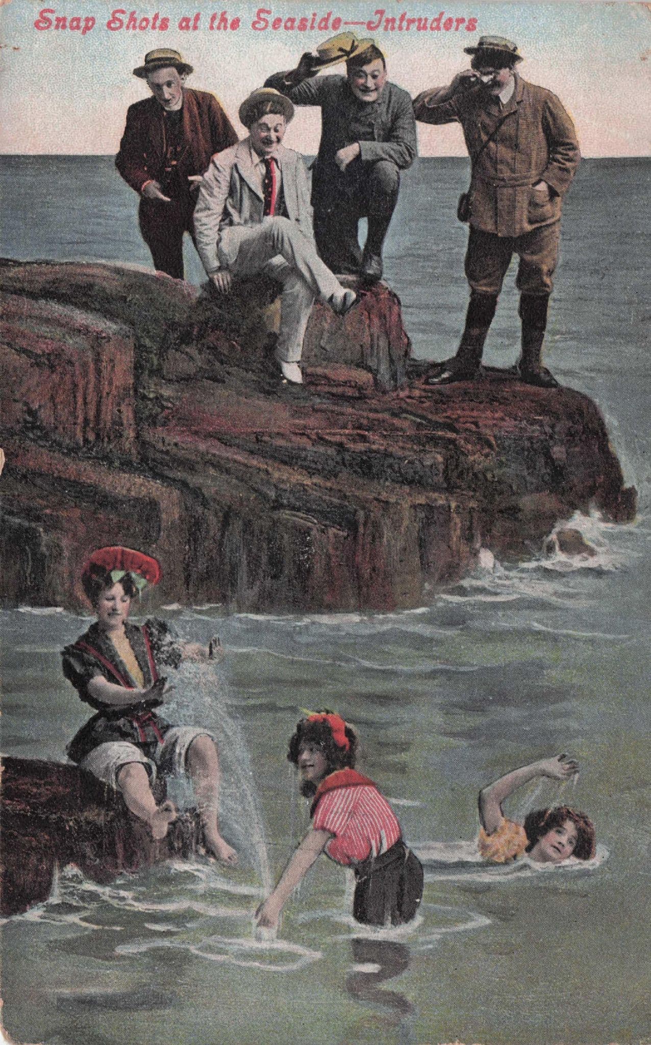 Snap Shots At The Seaside Men Chasing Women Bathing Intruders Old Postcard