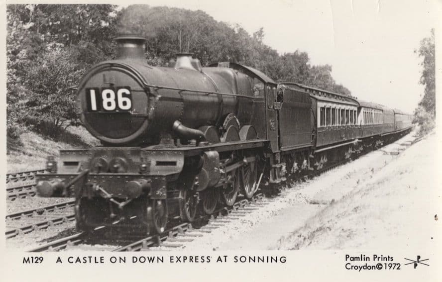 A Castle On Down Express 186 in Sonning Railway Train Postcard