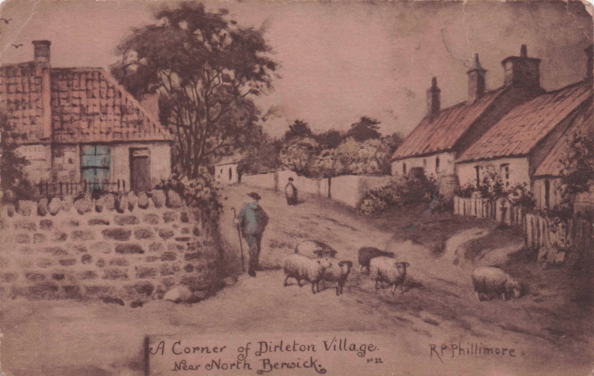A Corner Of Dirleton Village Scottish Phillimore Rare Old Painting Postcard