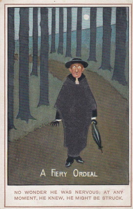 A Fiery Ordeal Umbrella Man About To Be Struck Lightning Antique Comic Postcard