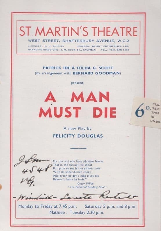 A Man Must Die Felicity Douglas Drama St Martins London Theatre Programme