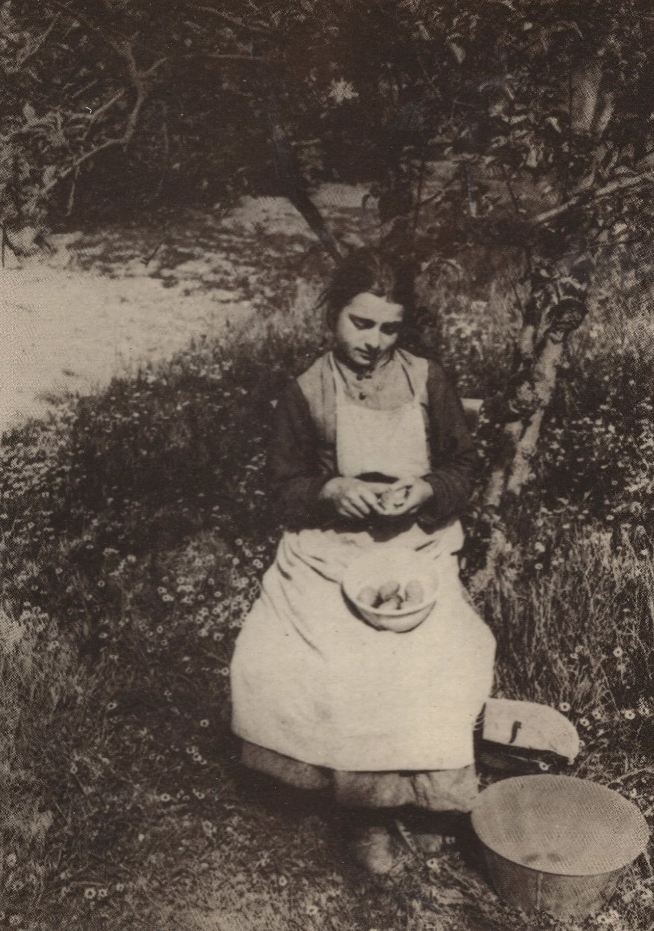A Spring Idyl 1879 Victorian Farm Fruit Lady Postcard