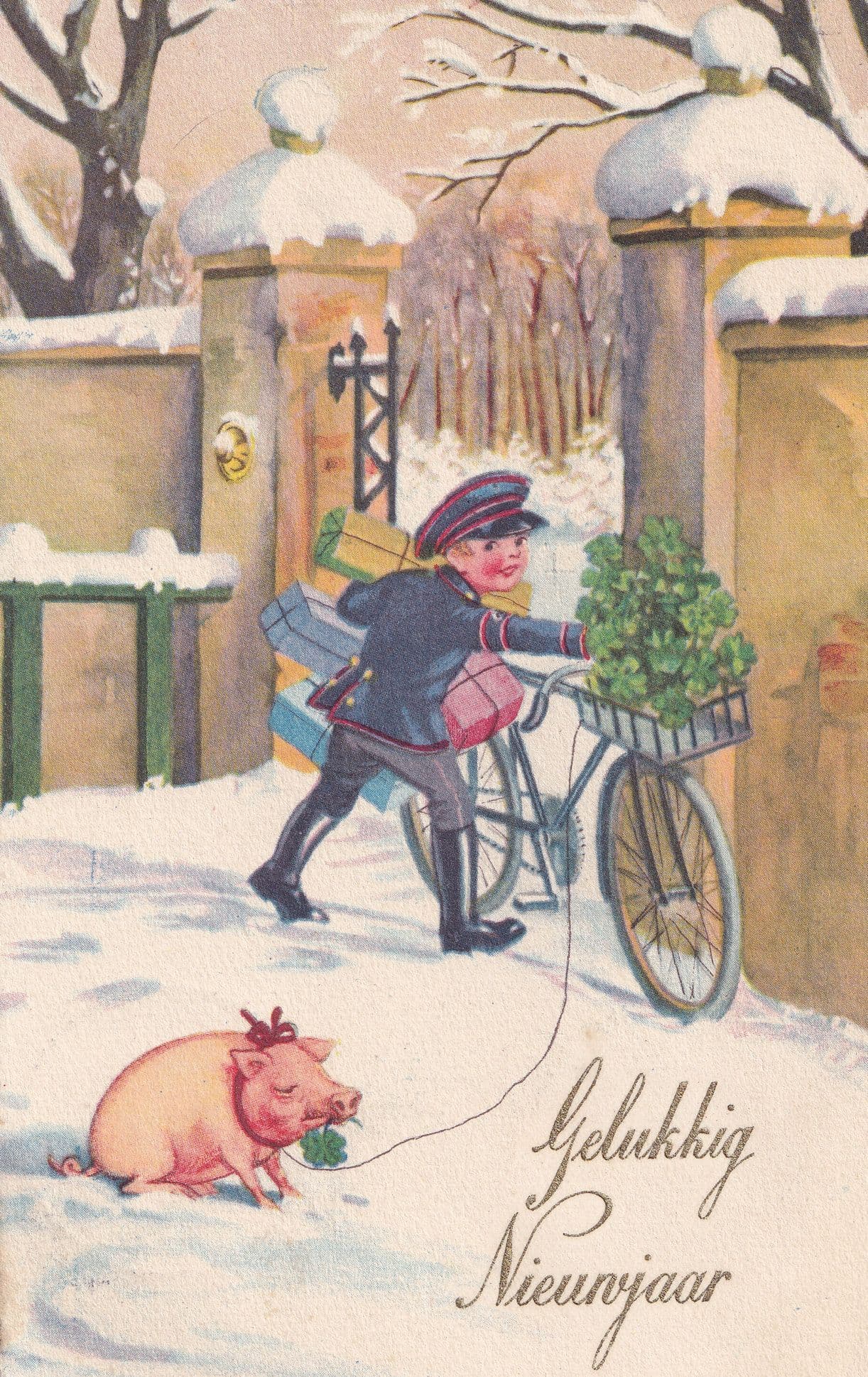 Dutch Holland Child Postman With Pig On Lead Happy New Year Antique Postcard