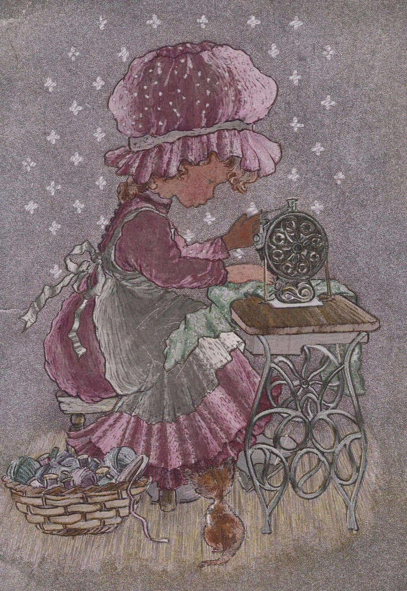 Child Sewing Machine Knitting Real Metallic Shine Postcard