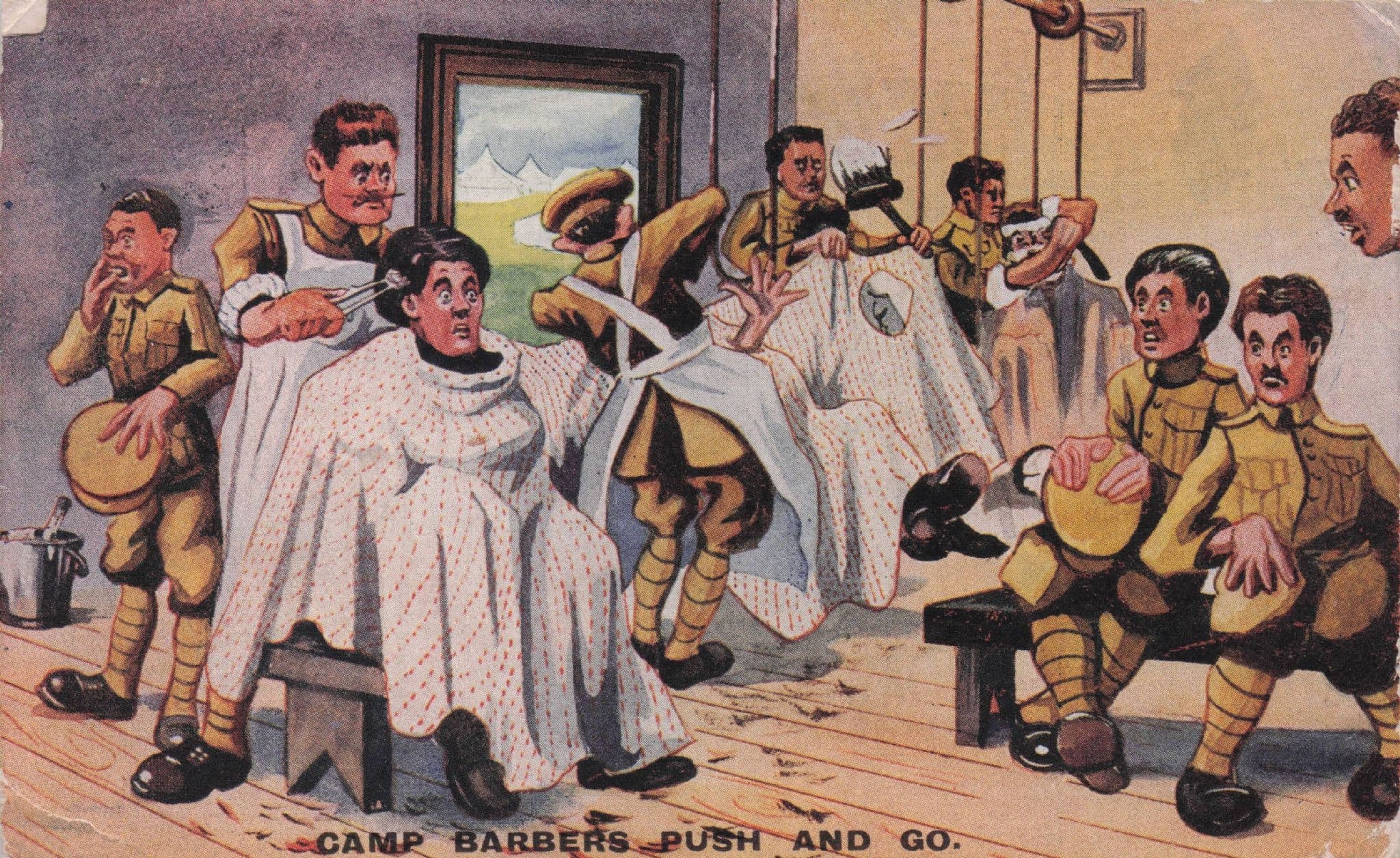 Camp Barbers Army Military Barbers Hairdressers WW1 Old Comic Postcard