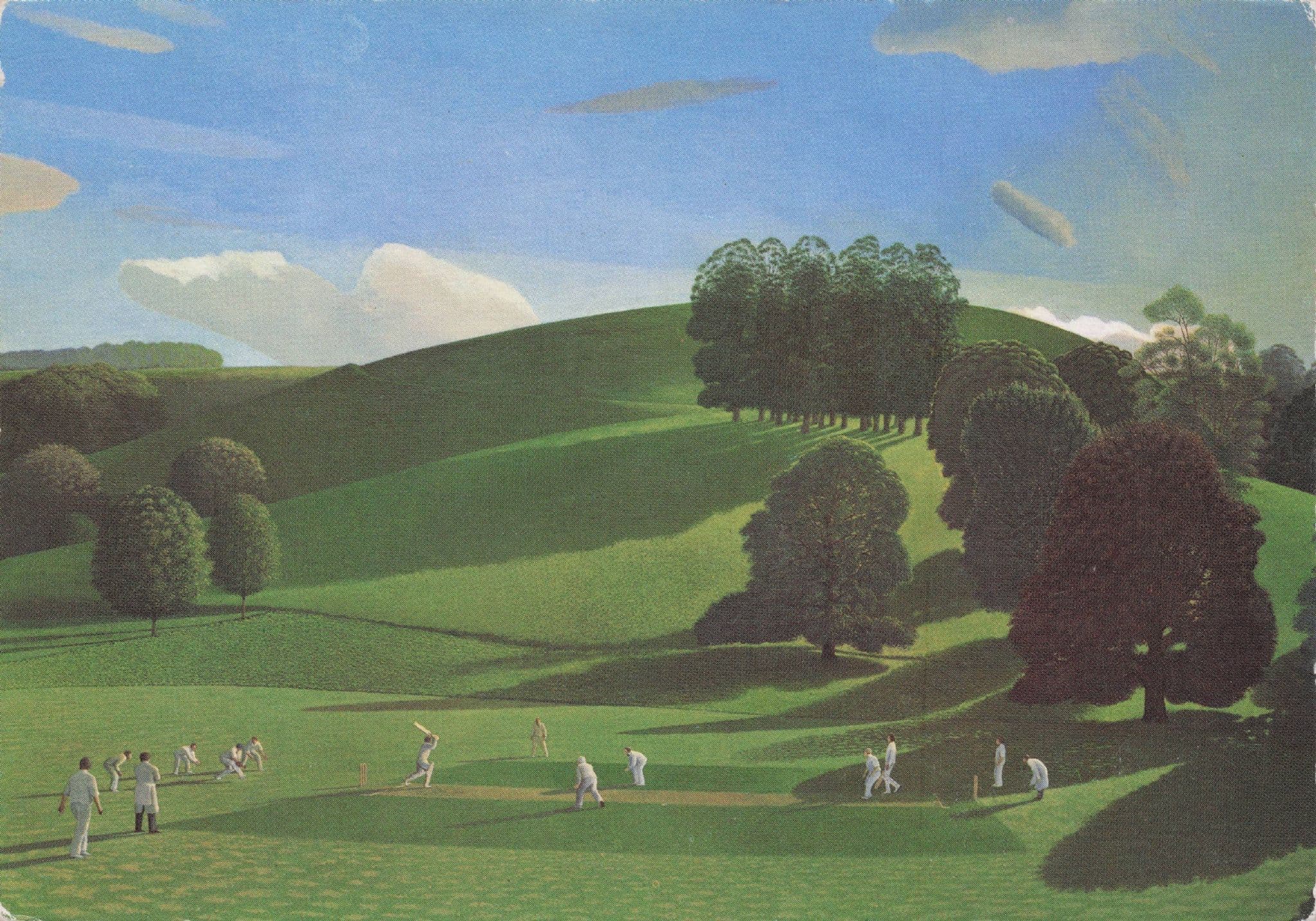 David Inshaw British Sports Artist The Cricket Game Painting Postcard