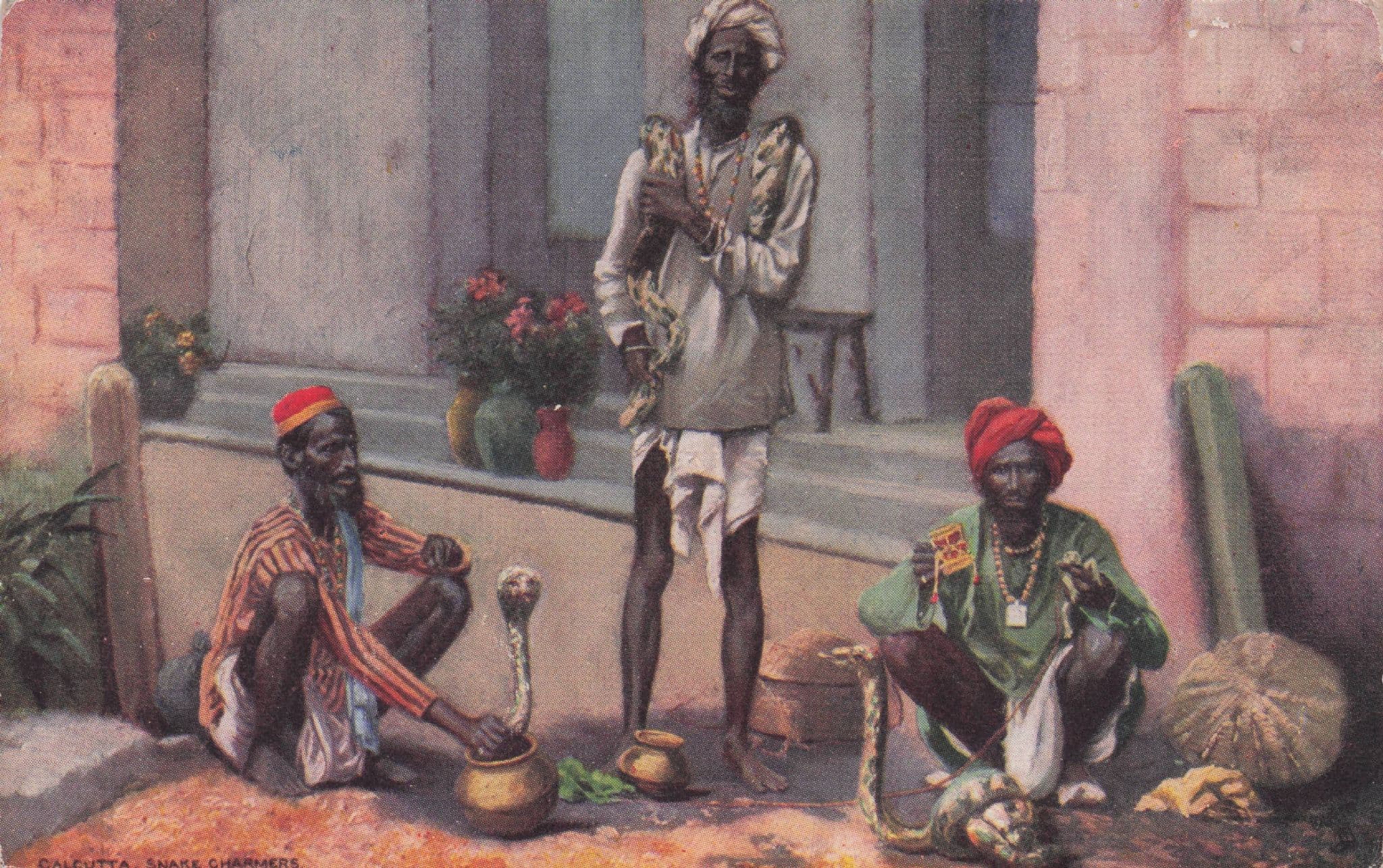 Calcutta Snake Charmers Indian Tucks Old Oilette Postcard