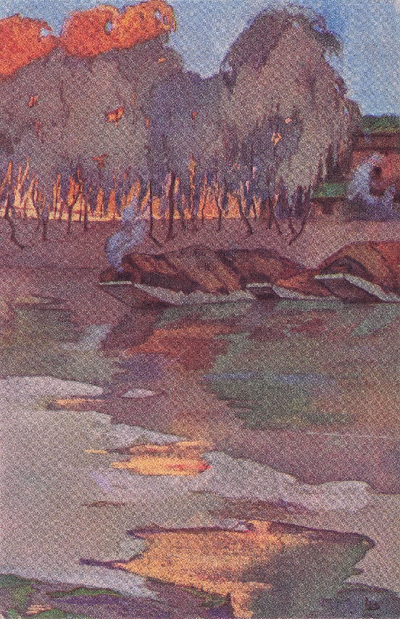 Country Boats On The Jelhum India Rare Old Painting Postcard