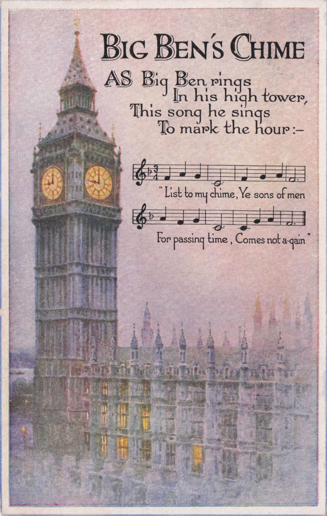 Big Ben London Clock Chime Antique Music Songcard Postcard