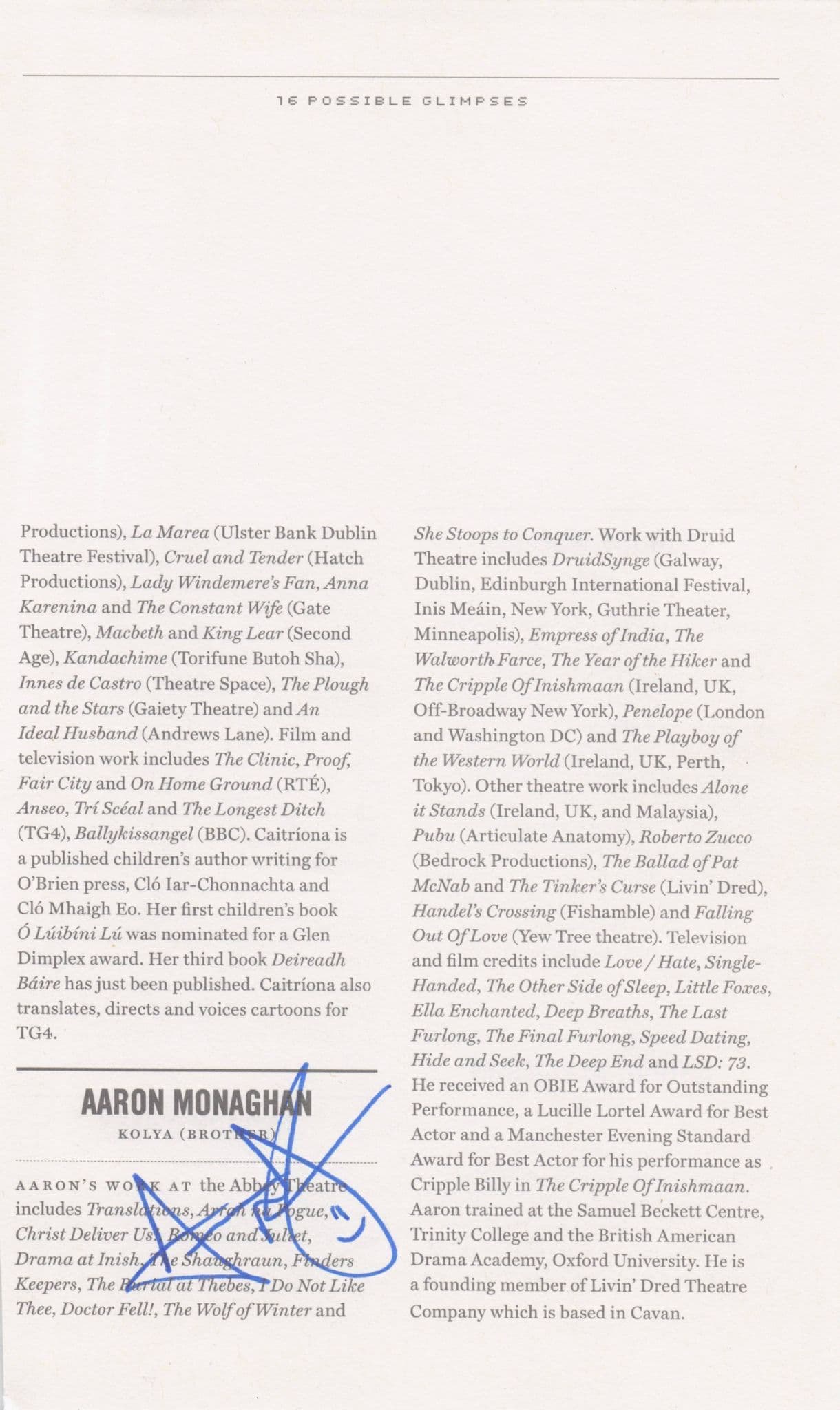 Aaron Monaghan The Gone Assassins Creed Hand Signed Theatre Page