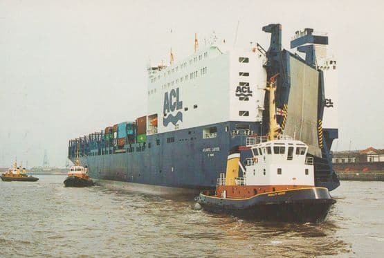 ACL Atlantic Cartier Ship Maiden Voyage Liverpool Bramley Moore Tug Postcard