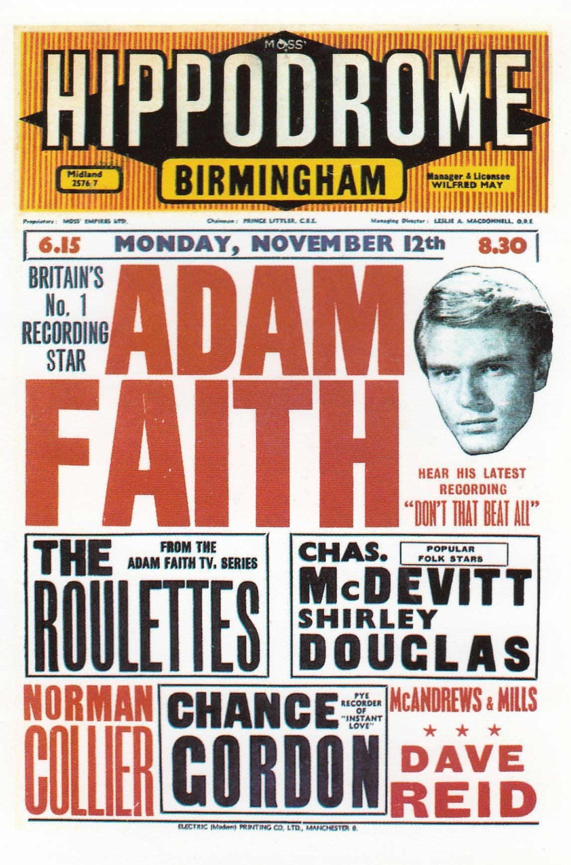 Adam Faith Live in Birmingham Hippodrome in 1950s Theatre Poster Postcard