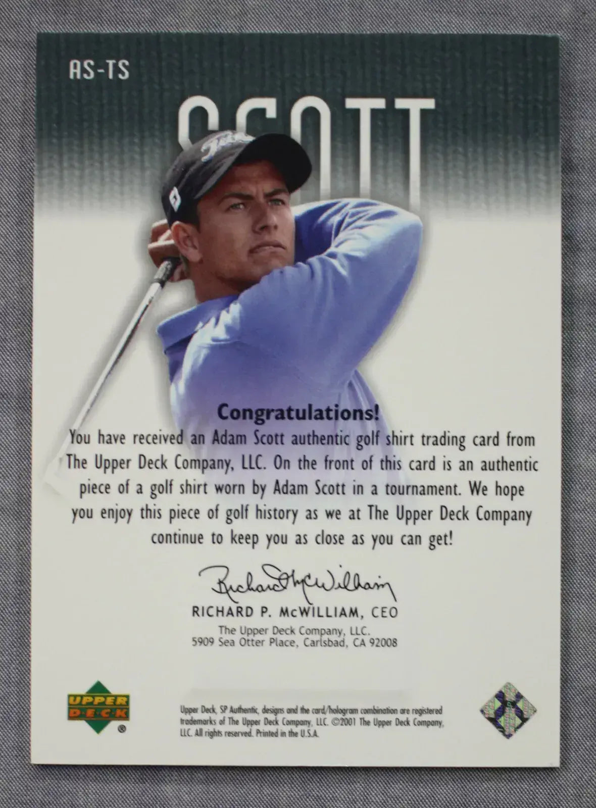 Adam Scott 2001 Tour Swatch Worn Shirt Golf Rare Limited Edition Card