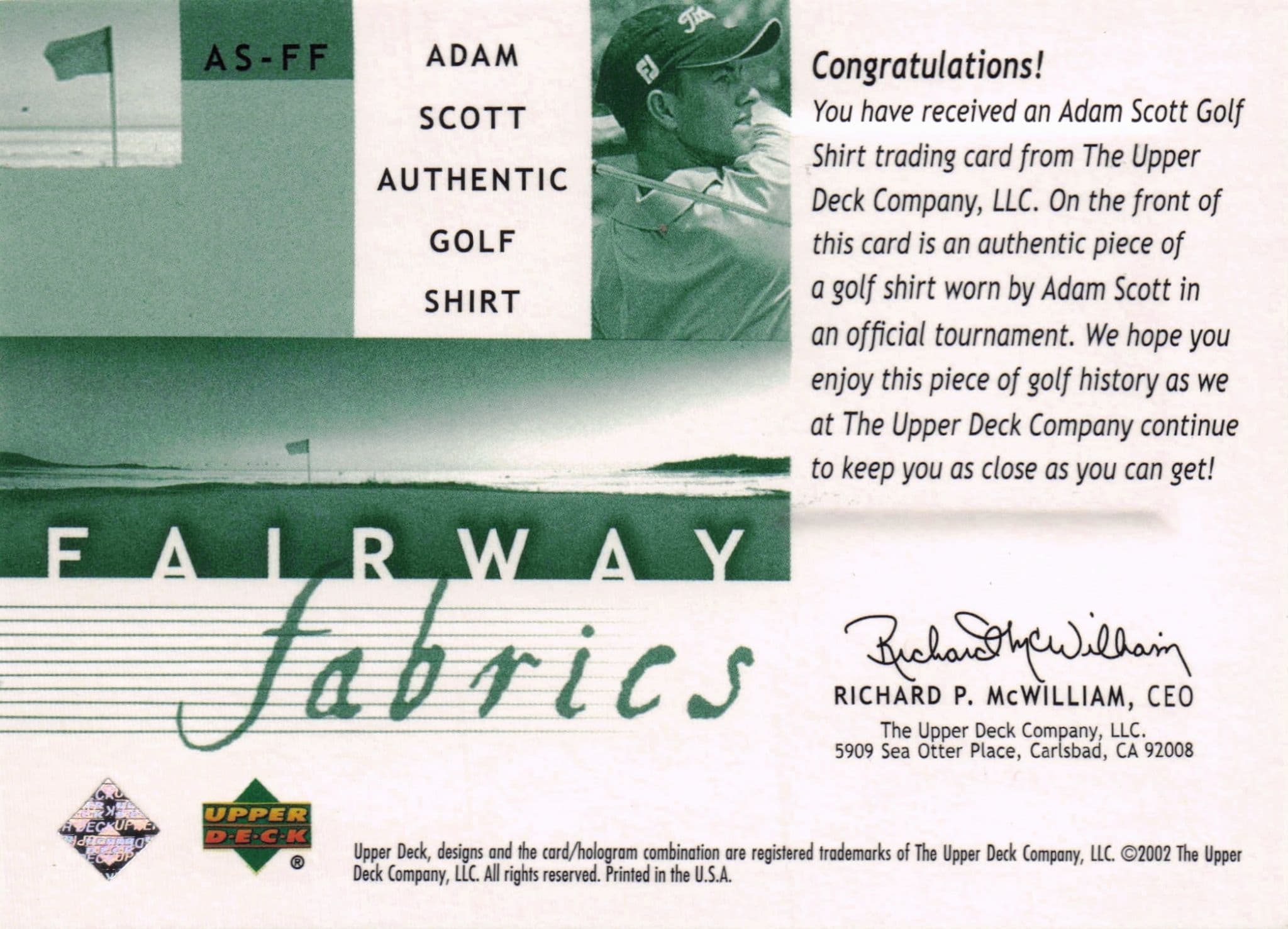 Adam Scott Fairway Fabrics 2002 Golf Upper Deck Real Shirt Relic Card
