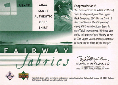 Adam Scott Fairway Fabrics 2002 Golf Upper Deck Real Shirt Relic Card