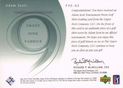 Adam Scott Front 9 Fabric 2002 Upper Deck Authentic Shirt Card