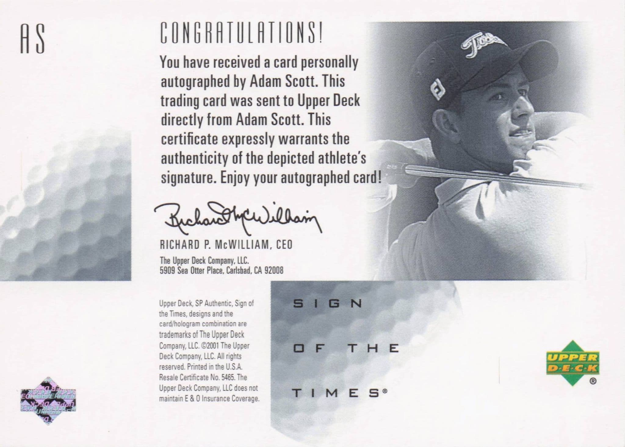 Adam Scott Sign Of The Times Hand Signed 2001 SP Golf Autograph Card