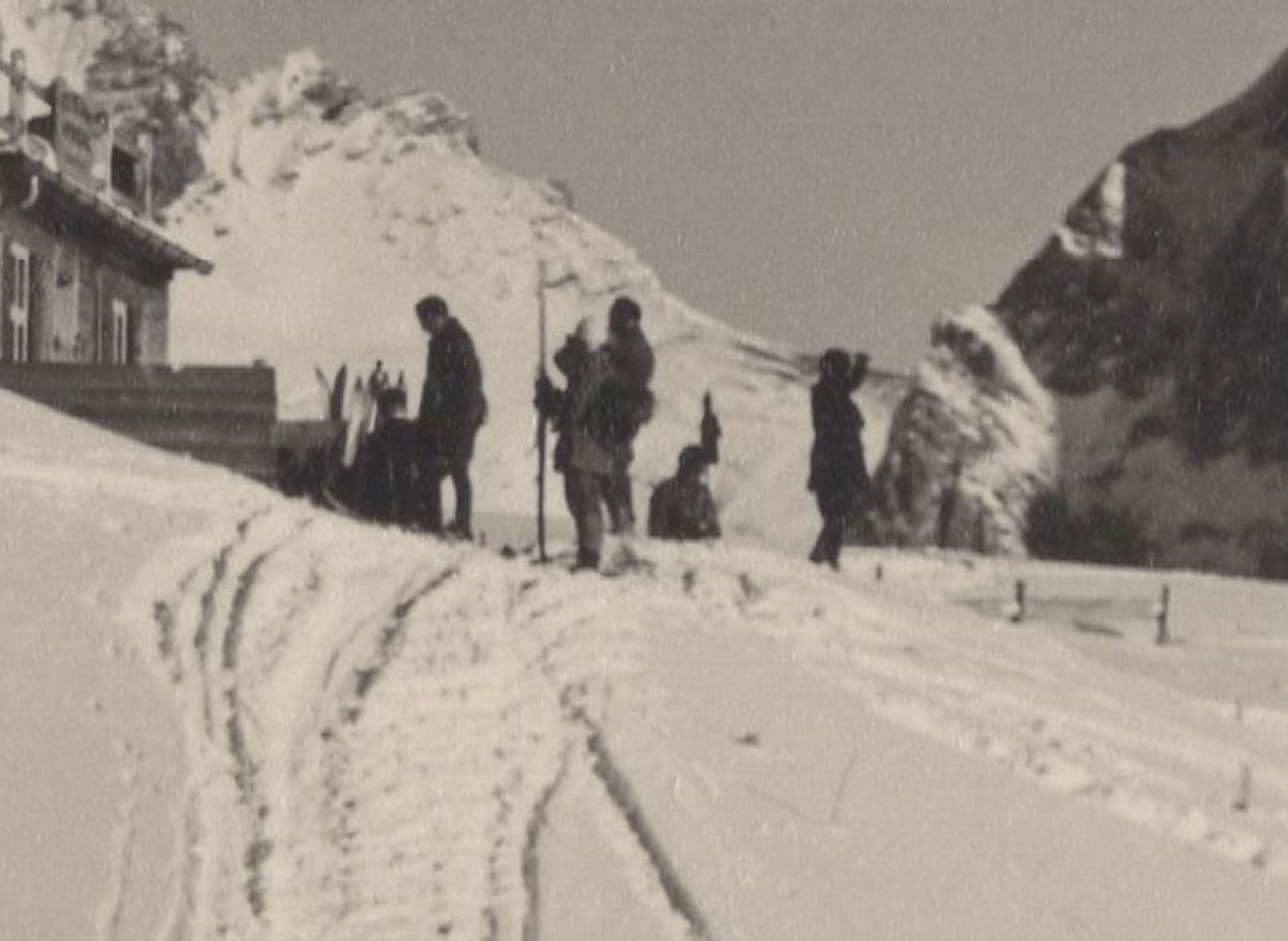 Adelboden Switzerland Ski Hut Skiers Snow Tracks Old Postcard