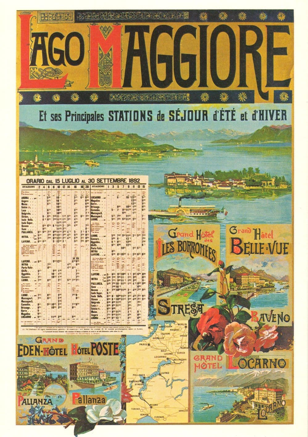 Ago Aggiore Hotel Belle Vue Eden Poste Hotel Swiss Poster Timetable Postcard