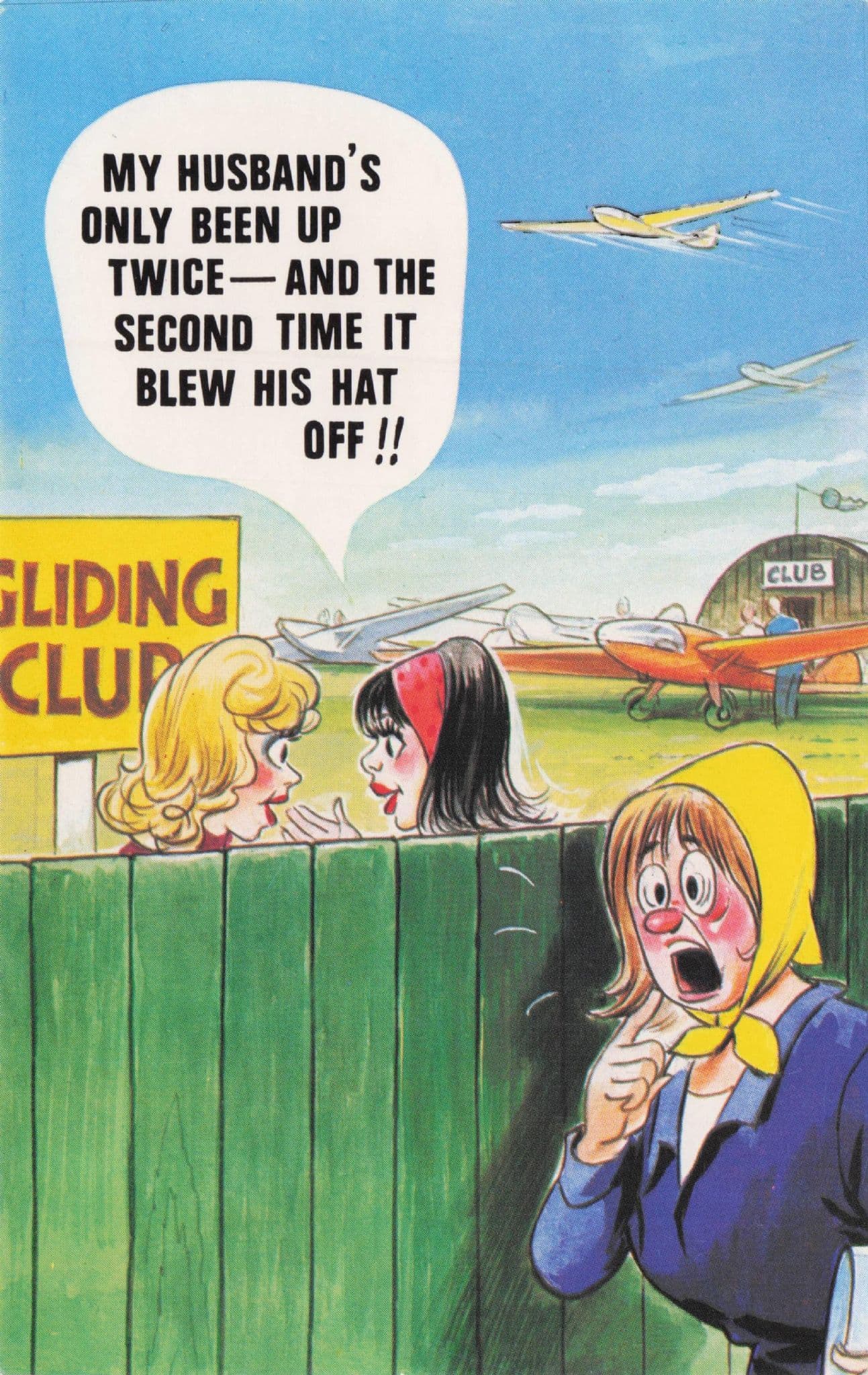 Airport Hanger 1970s Pilot Hat Blows Off Comic Postcard