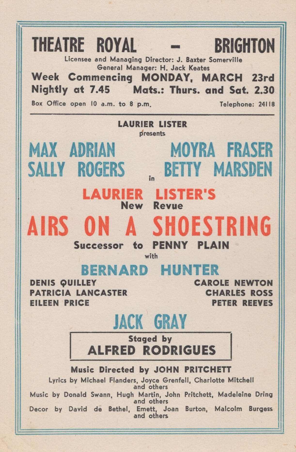 Airs On A Shoestring 1953 Moyra Fraser Brighton Theatre Flyer