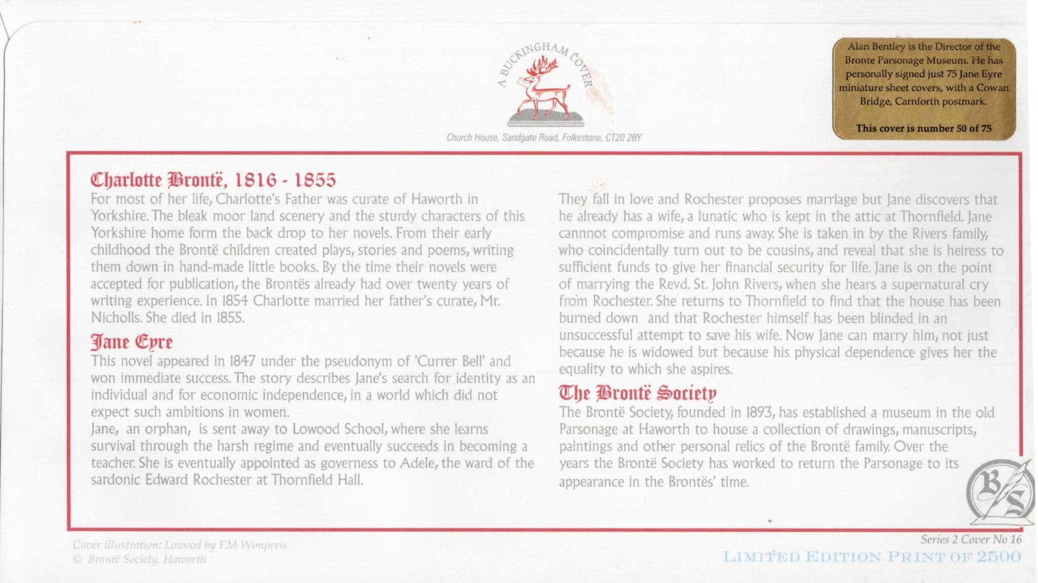 Alan Bentley Jane Eyre at Lowood LTD TO 75 Hand Signed FDC
