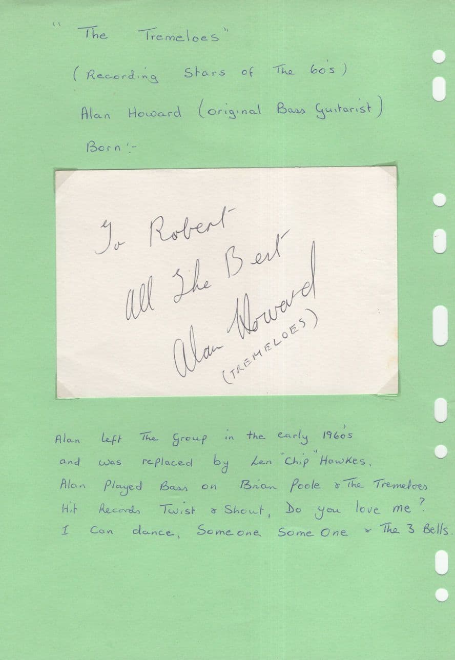 Alan Howard of The Tremeloes Hand Signed Autograph Page